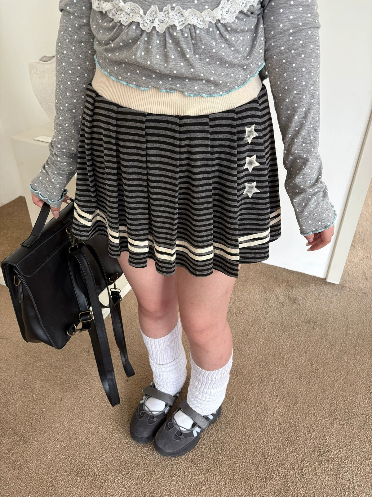 Charcoal Striped Star Pleated Mini Skirt