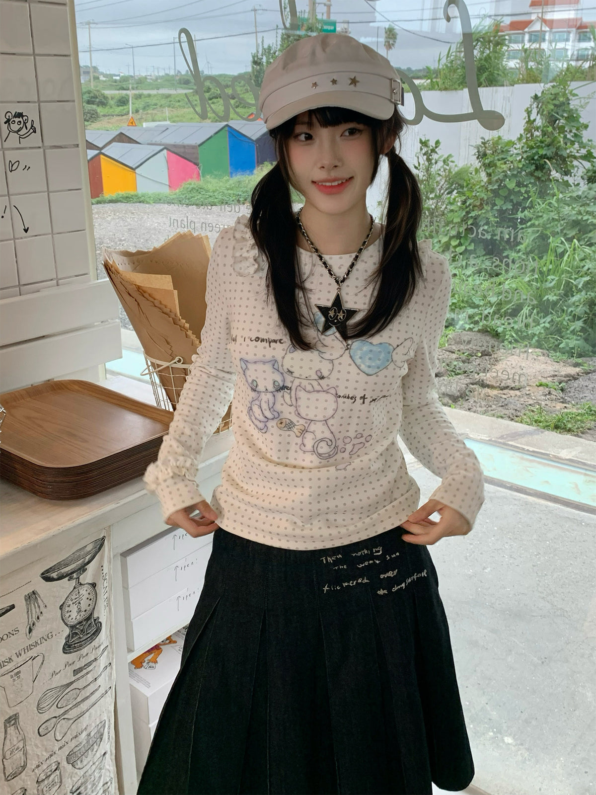 Cat Party Polka Dot Ruffle Long Sleeve Top