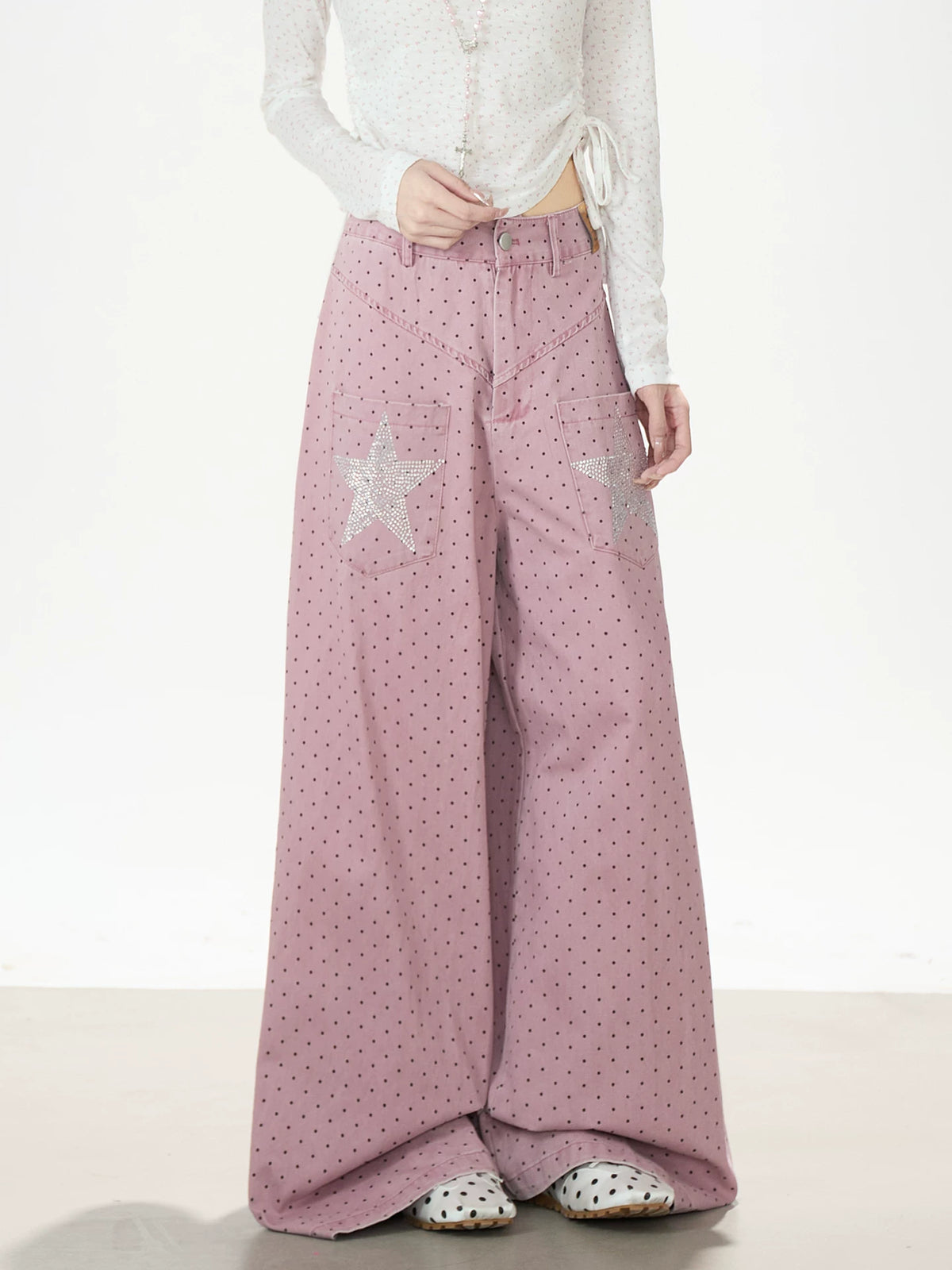 Star Rhinestone Polka Dot Wide-Leg Jeans