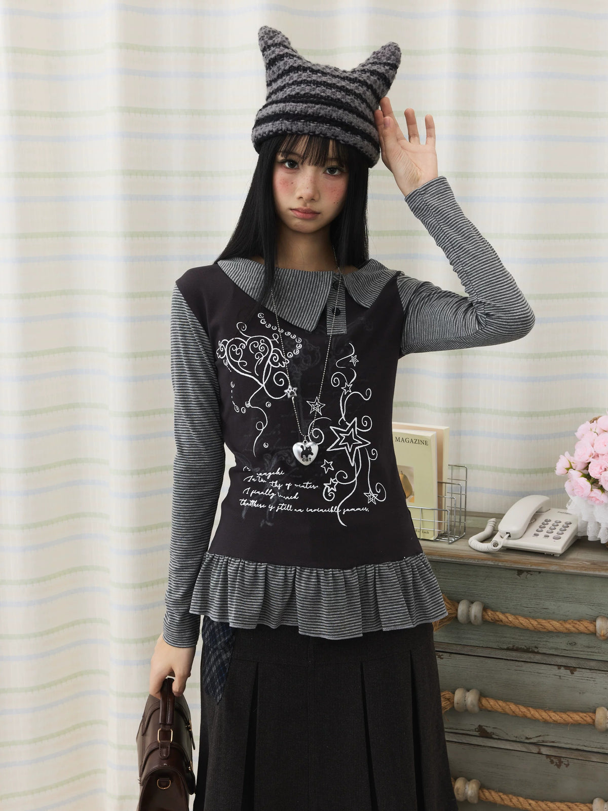 Graphic Stripe Faux-Layer Ruffle-Hem Long Sleeve Top