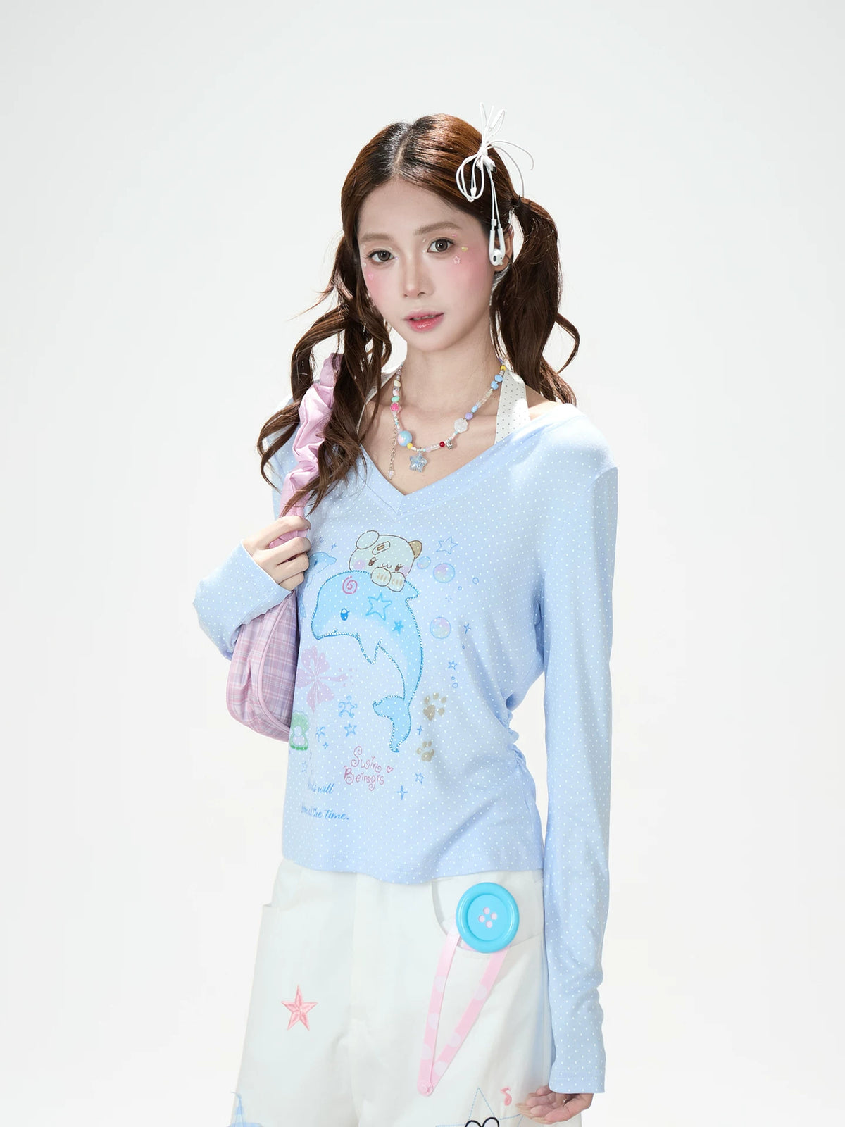 Dreamy Dolphin Polka-Dot V-Neck Long Sleeve Top & Gingham Ruffle Mini Skirt