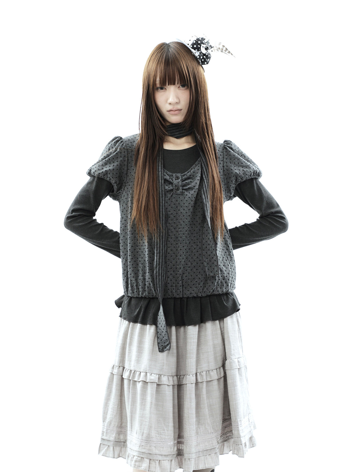 Polka Dot Layered Two-Piece Top Set with Scarf