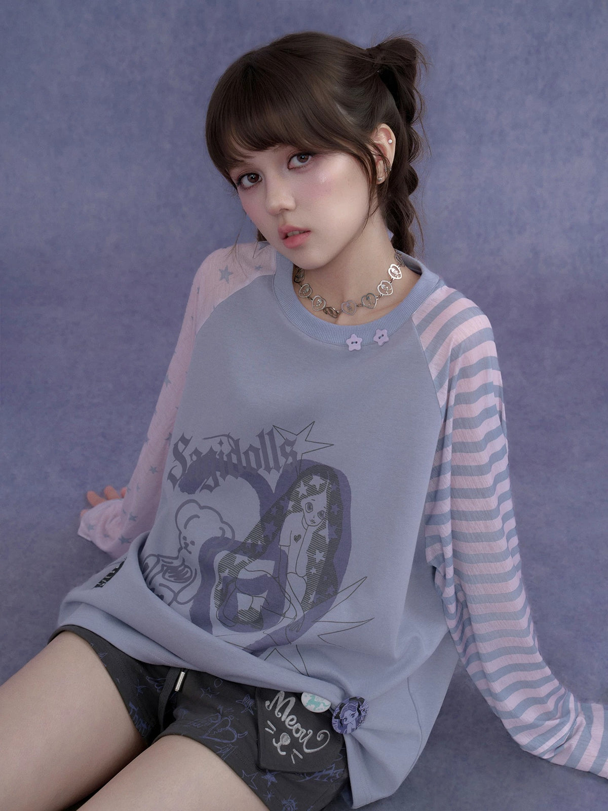 Lavender Star Stripe Raglan Graphic Long-Sleeve Tee