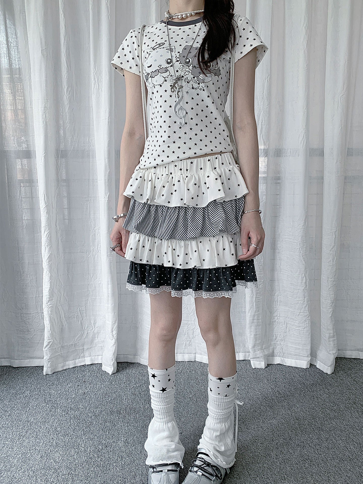 Starry Polka Dot Tiered Ruffle Mini Skirt