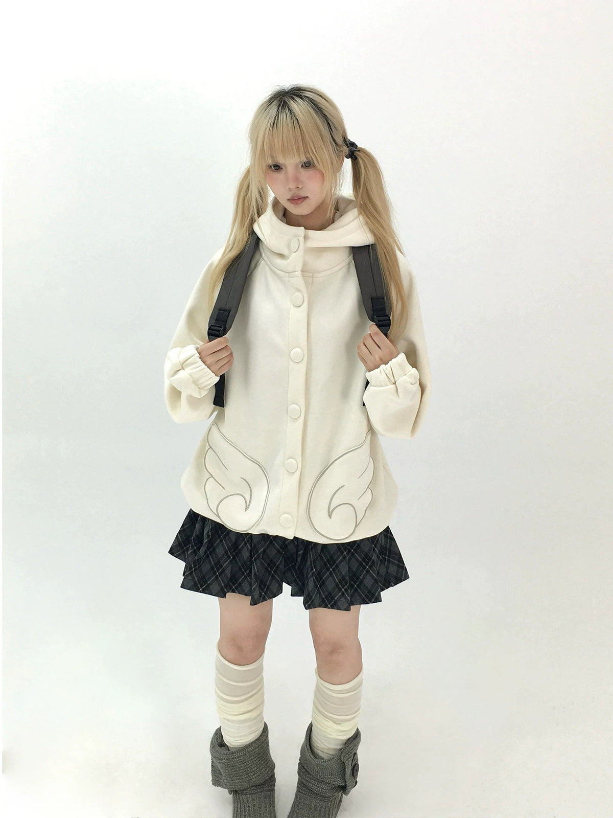 Dusty Blue & Ivory Fleece-Lined Cat Ear Wing Pocket Hooded Jacket