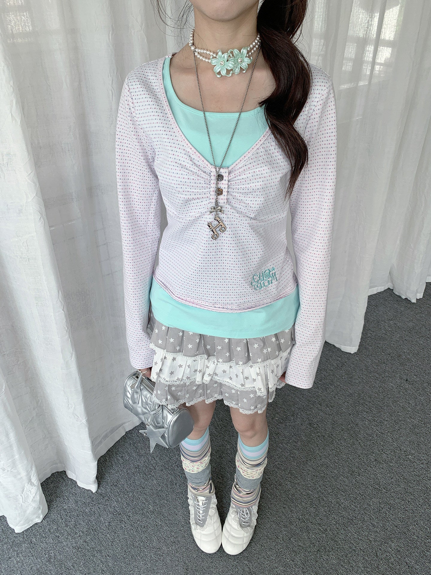 Mint Dot Ruched Faux-Layer Long-Sleeve Top