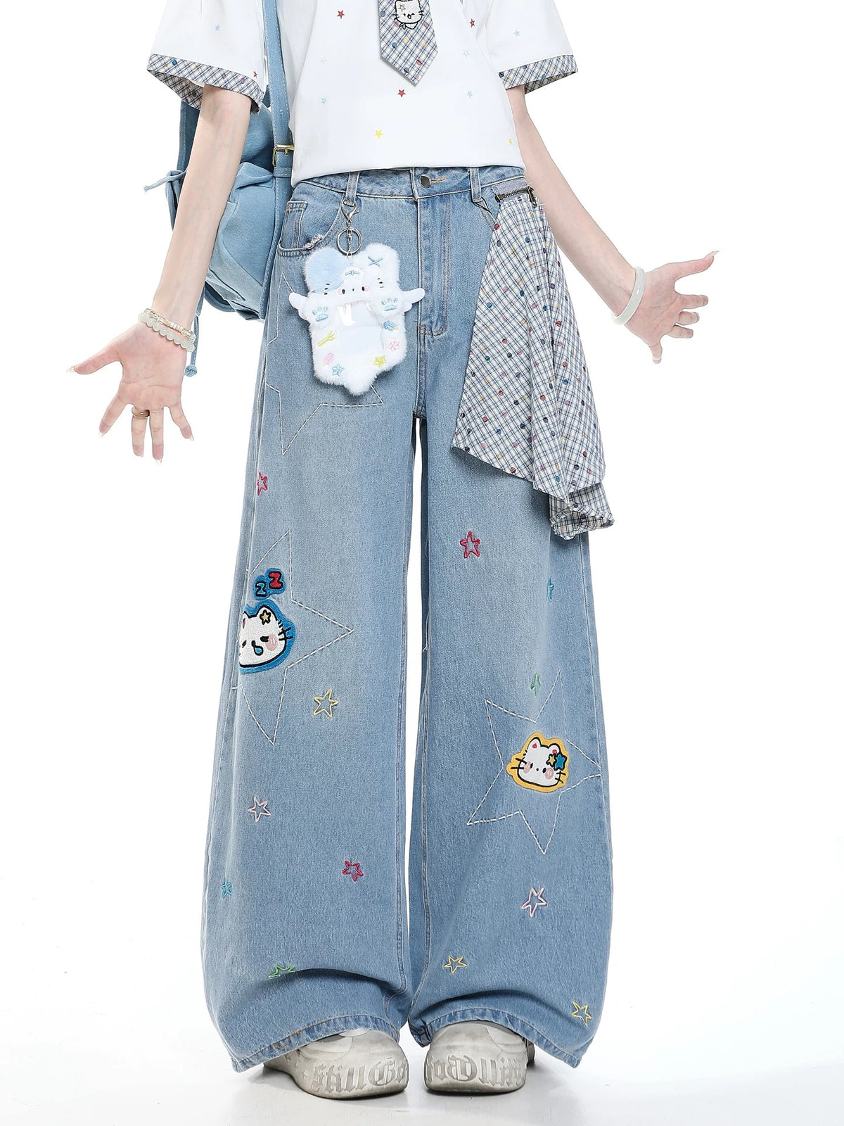 Star Kitty Embroidered Wide-Leg Jeans with Plush Charm