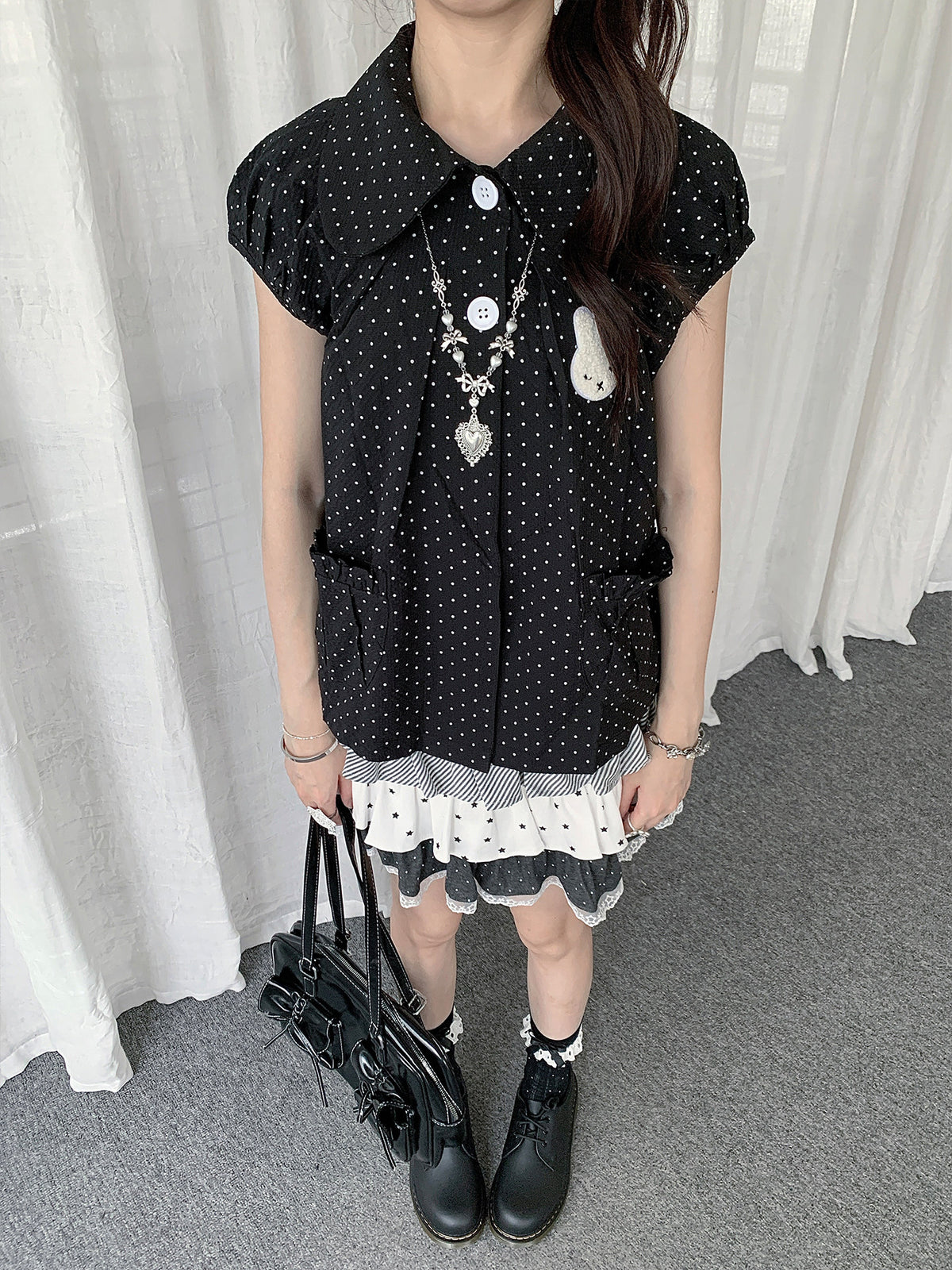Polka Dot Bunny Patch Puff-Sleeve Shirt