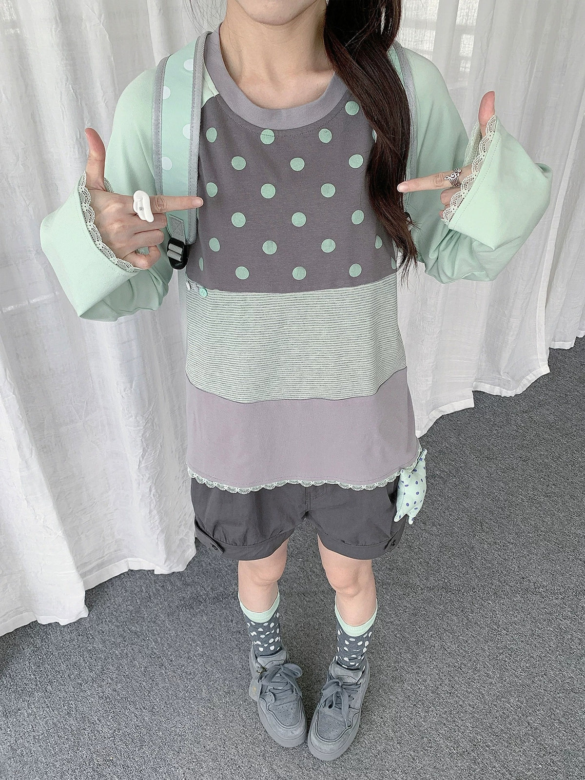 Polka Dot Stripe Lace-Trim Patchwork Long Sleeve Top