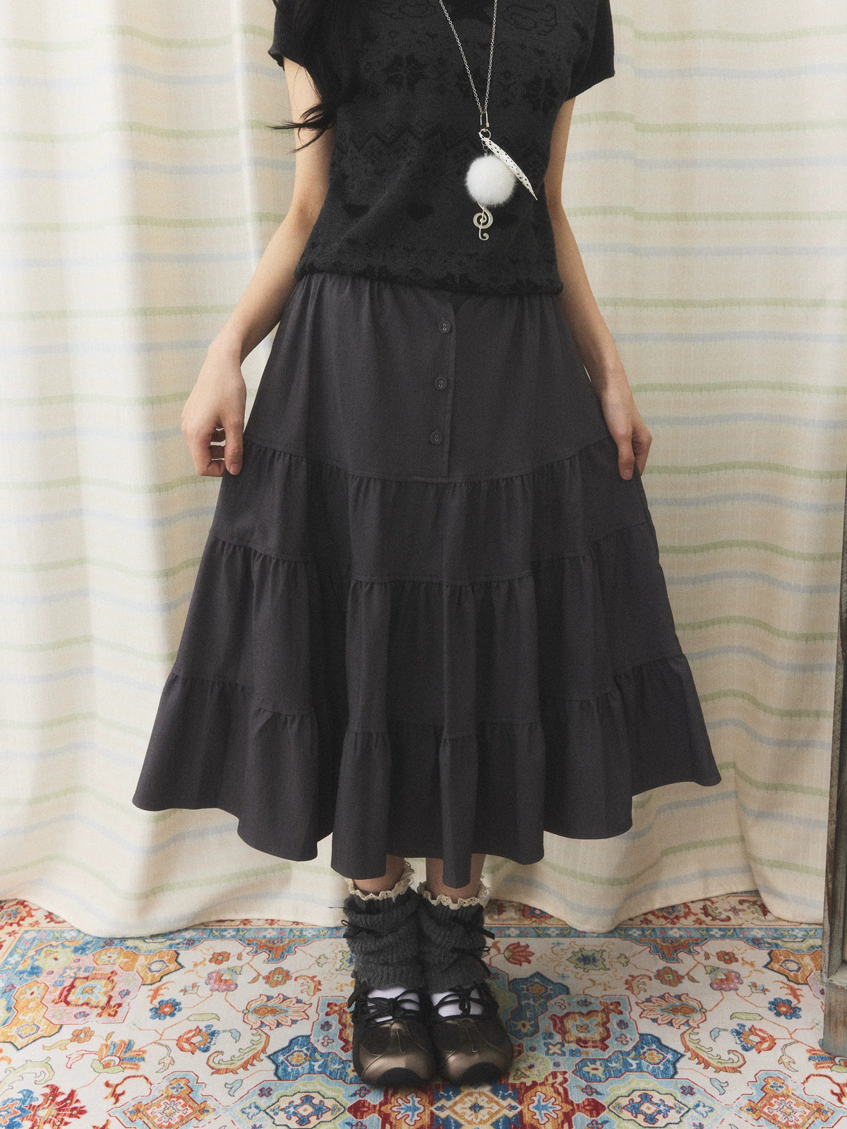 Charcoal Tiered Button Midi Skirt