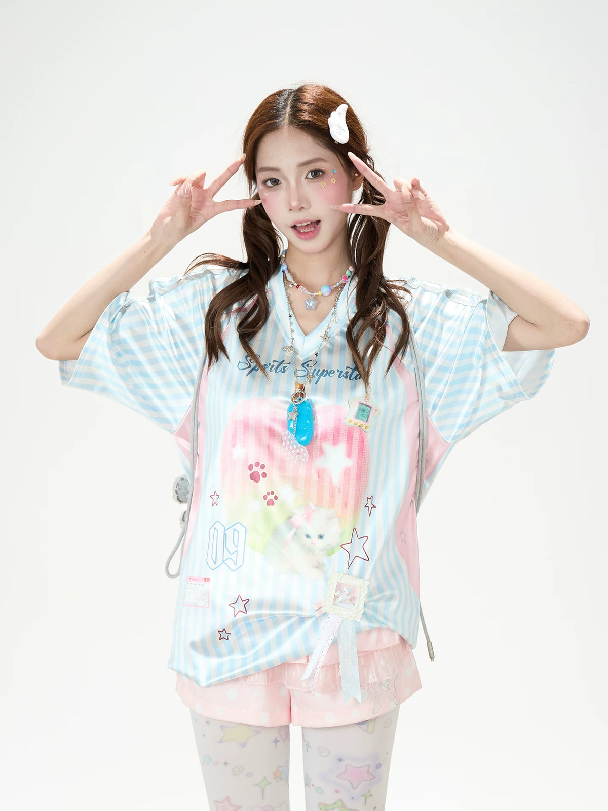 Striped Kitty Graphic V-Neck Tee & Layered Gingham Ruffle Skirt