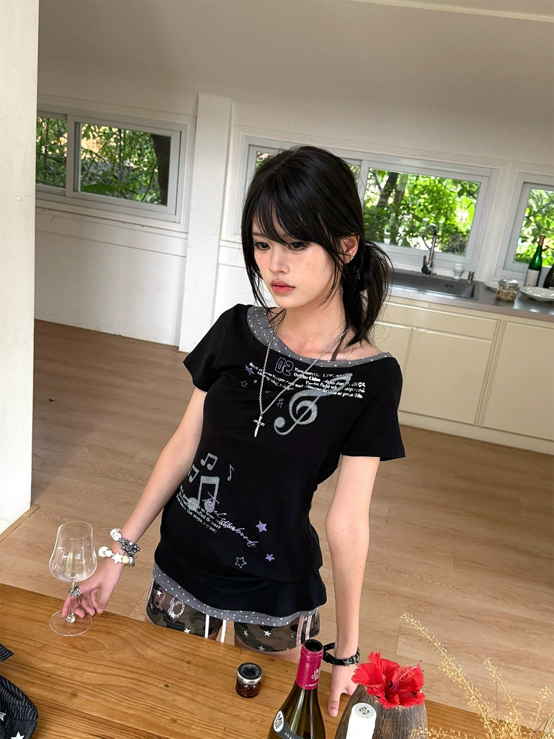 Asymmetric Music Note Faux-Layer Fitted Tee