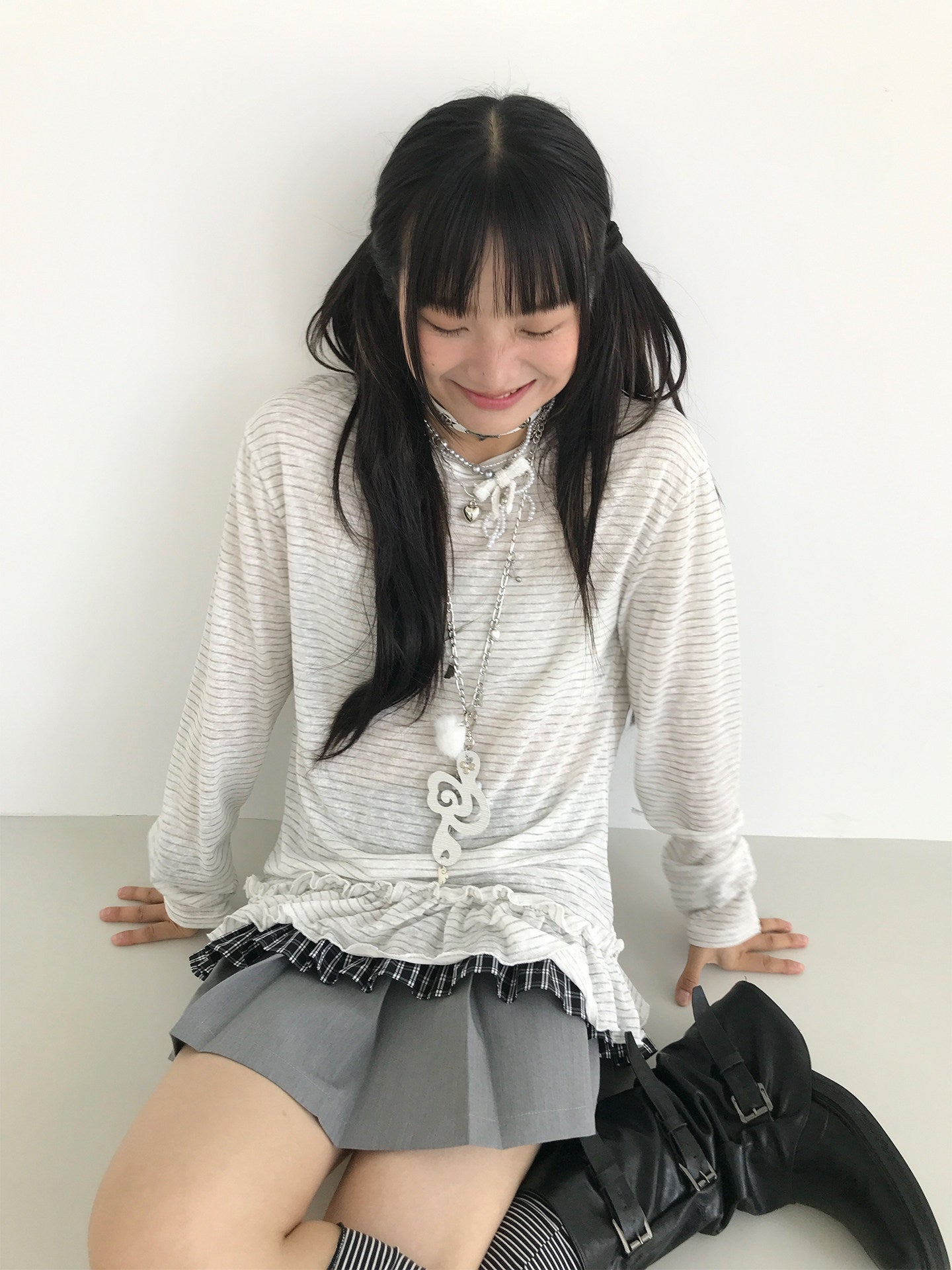 Sheer Stripe Ruffle-Hem Layering Top