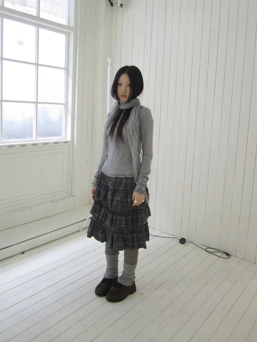 Vintage Gray Plaid Tiered Ruffle Skirt