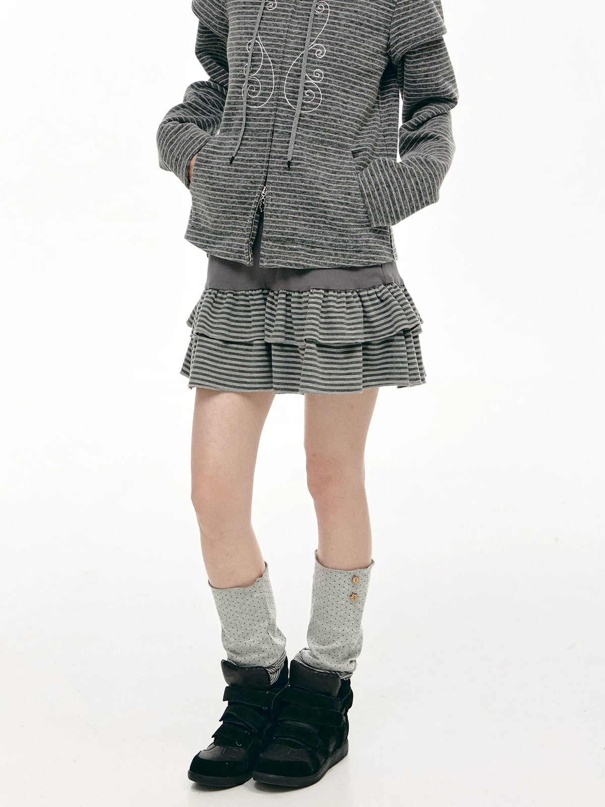 Charcoal Stripe Double-Ruffle A-Line Mini Skirt