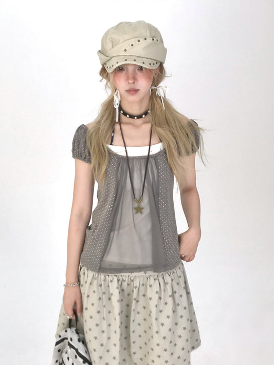 Polka Dot Mesh Panel Faux-Layered Short Sleeve Top