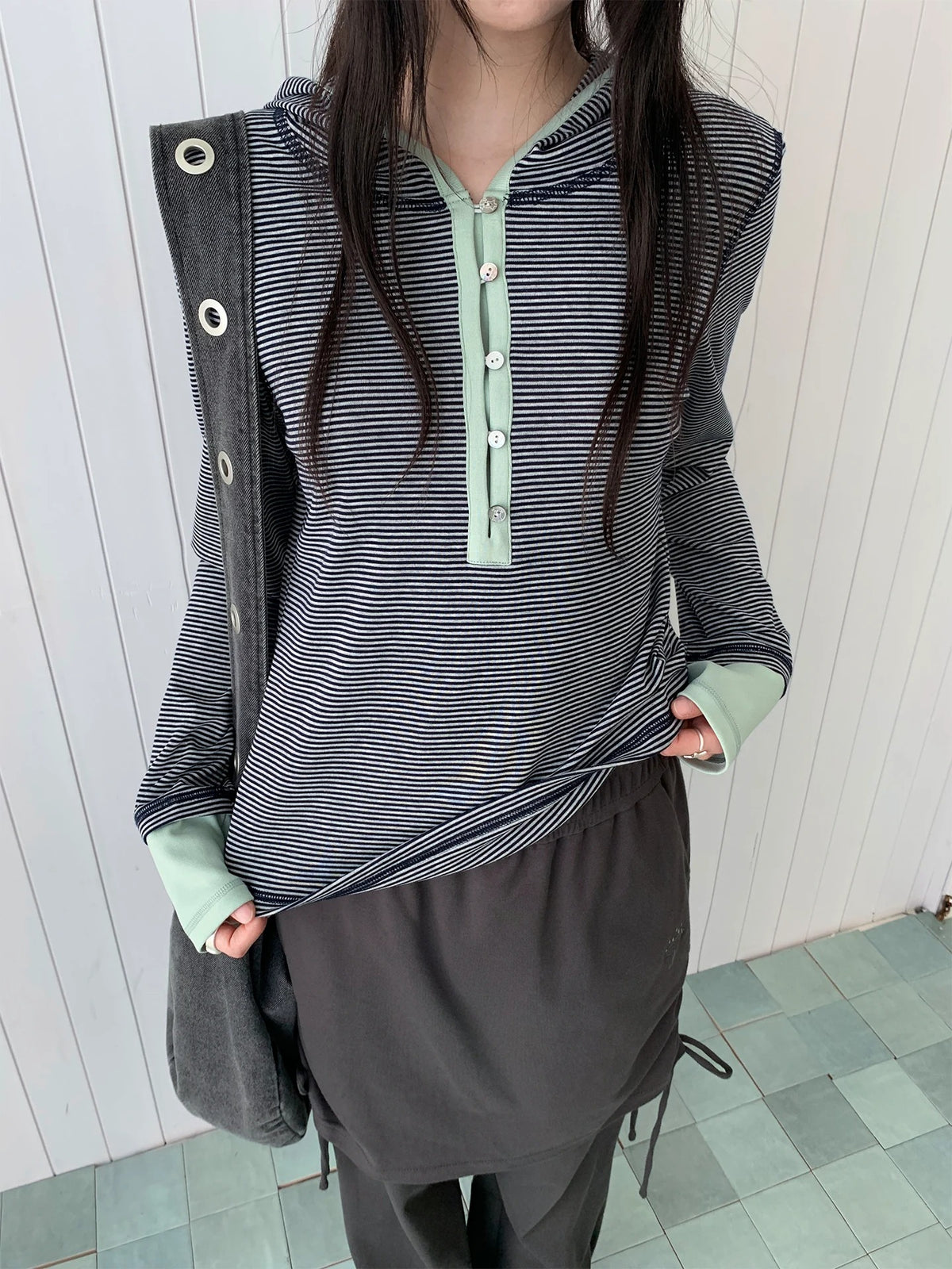 Blue-Gray Stripe Contrast Hooded Long Sleeve Top