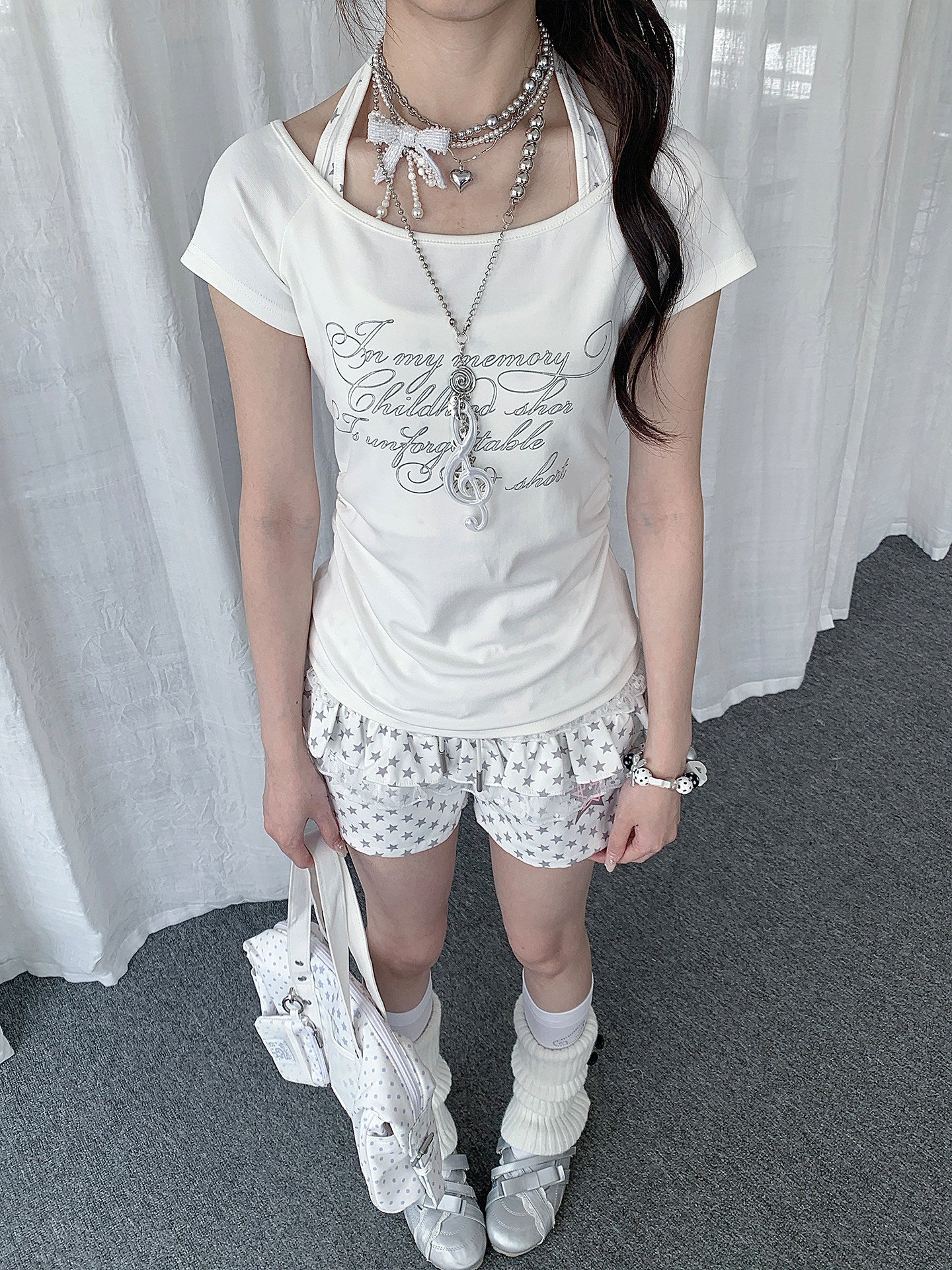Ivory Halter Faux-Layer Script Fitted Tee