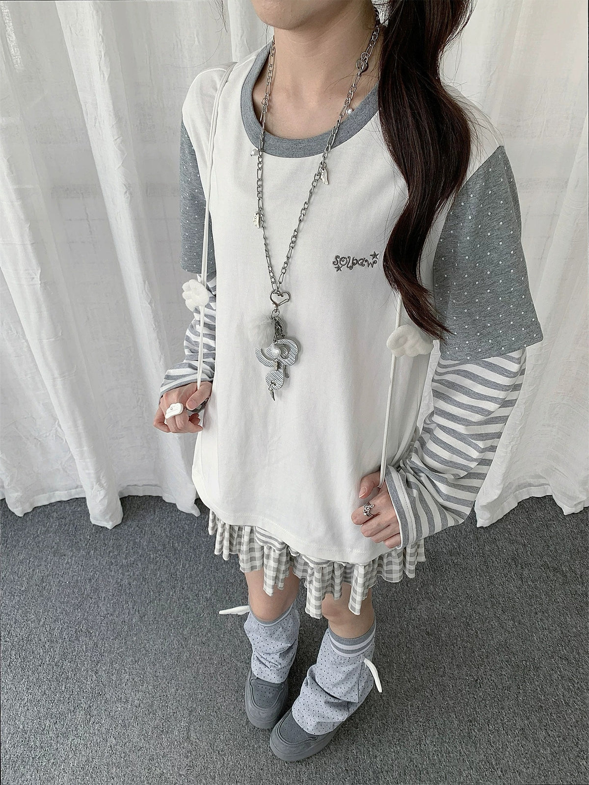 Ivory Polka Dot Stripe Faux-Layer Long Sleeve Top