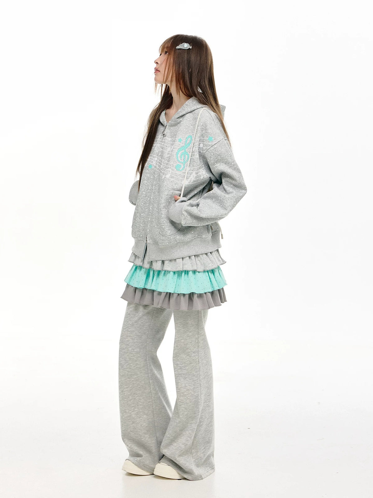 Gray Melody Polka Dot Graphic Zip Hoodie