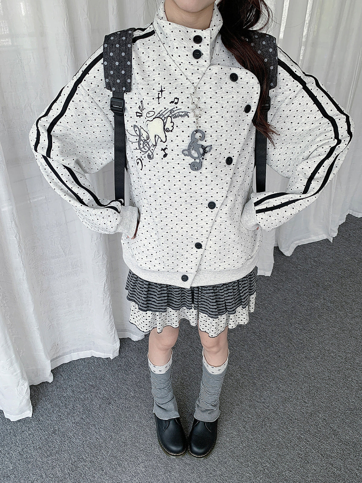 Polka Dot Asymmetric Button Track Jacket