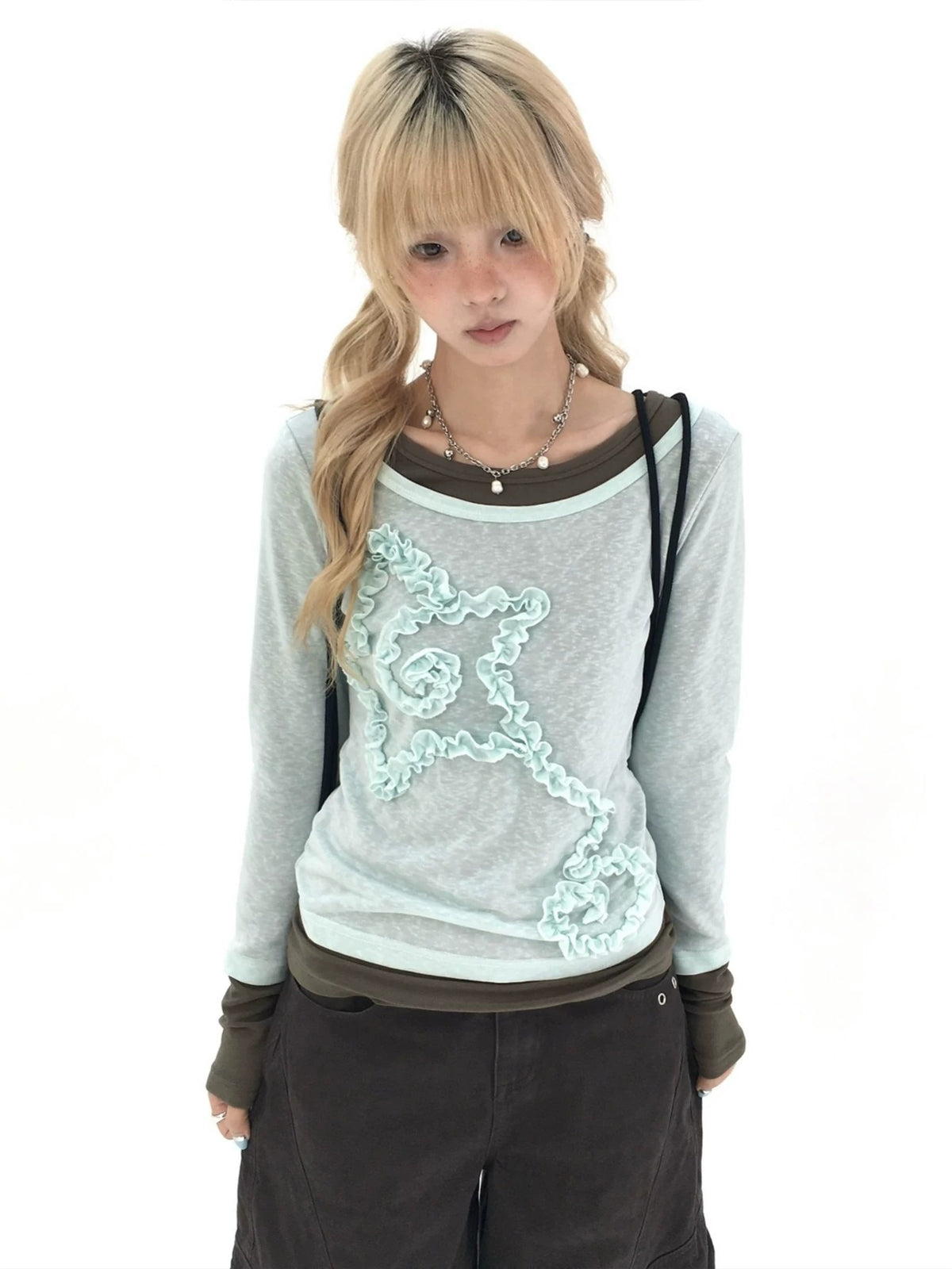 Mist Aqua Ruffle Star Faux-Layer Long Sleeve Top