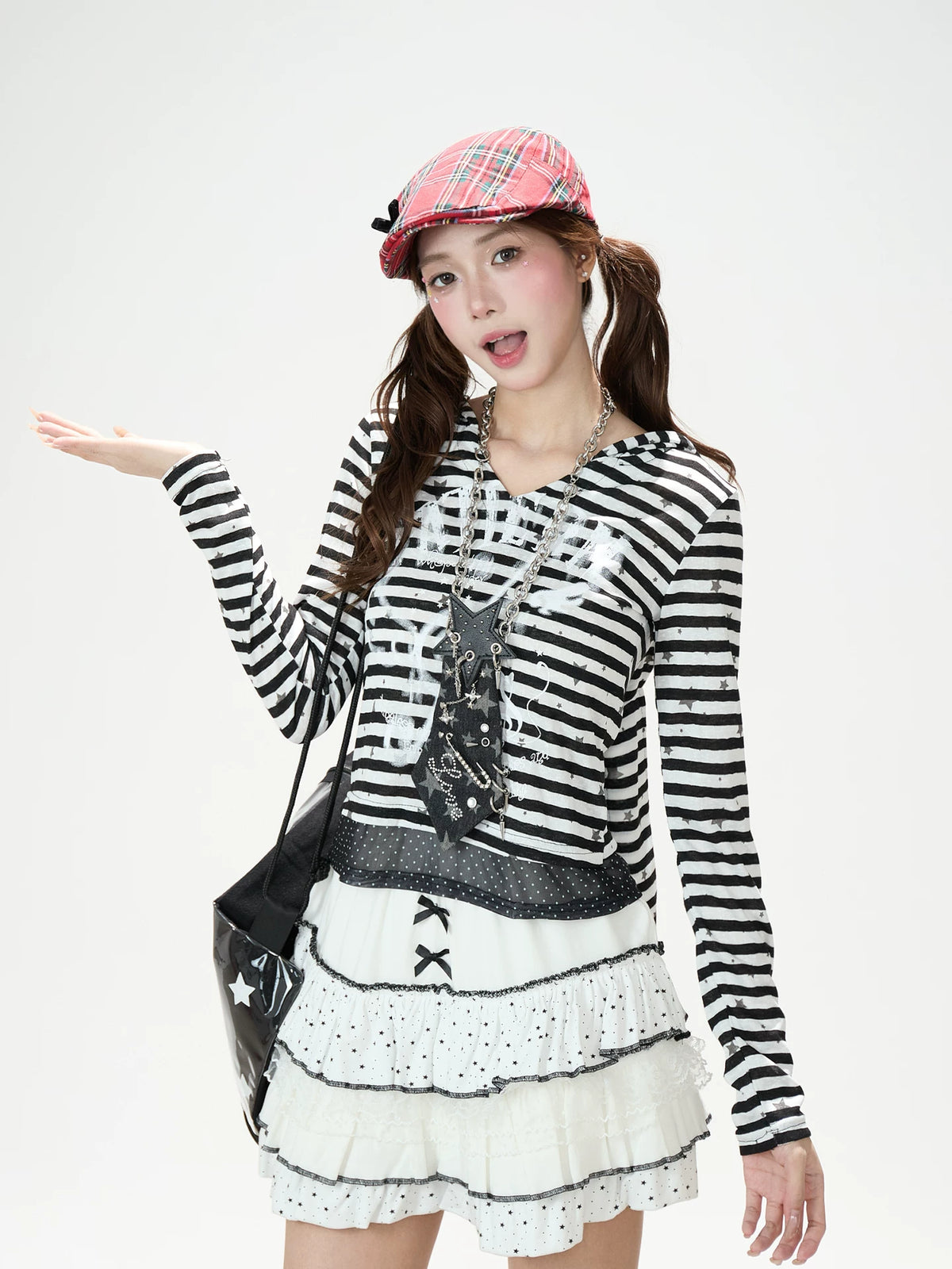 Star Stripe Bunny-Ear Hooded V-Neck Long Sleeve Top