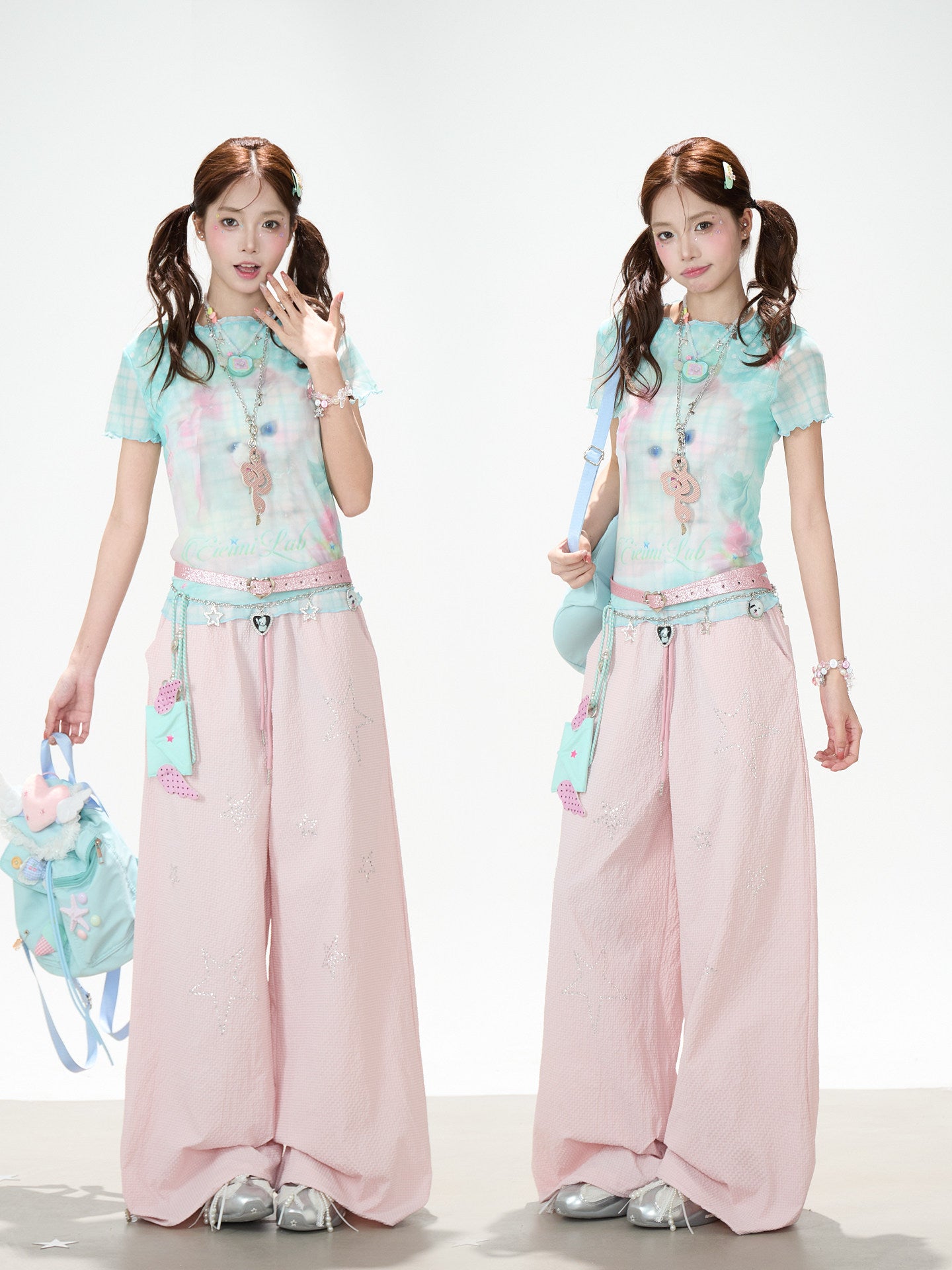 Pastel Cat Mesh Tee & Pink Star Wide-Leg Pants