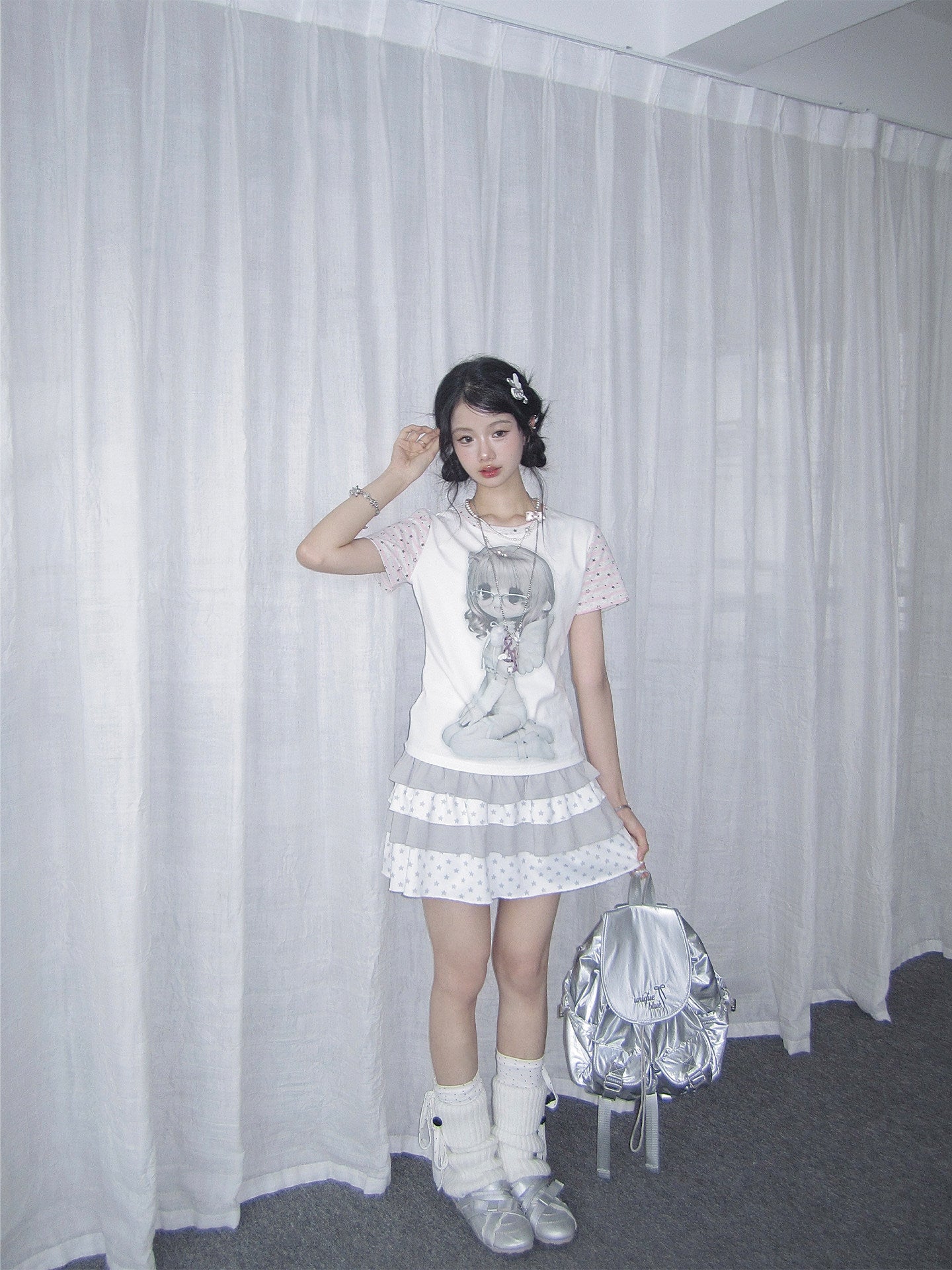 Angel Girl Contrast-Sleeve Graphic Tee