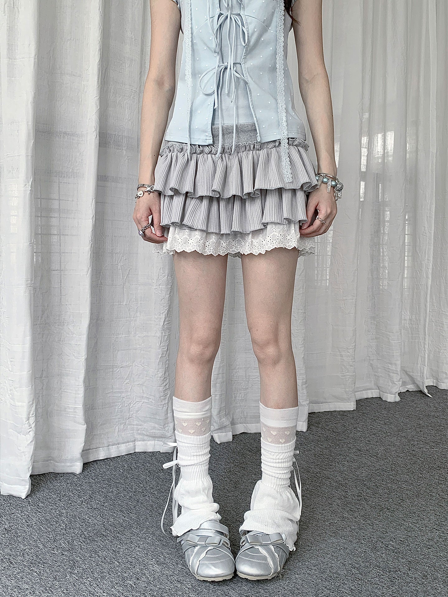 Silver-Gray Ballet Tiered Ruffle Lace Mini Skirt