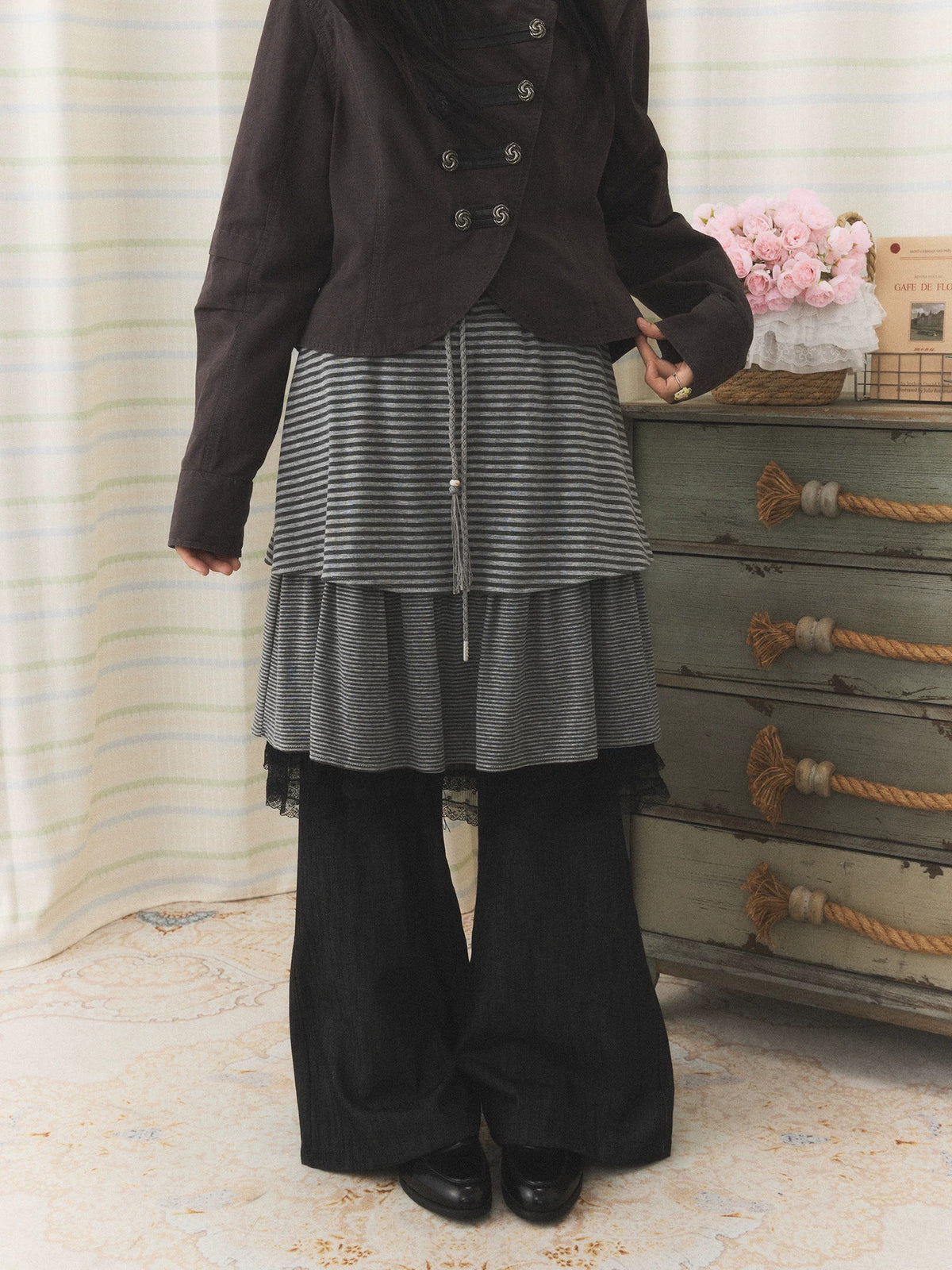 Striped Layered Skirt Wide-Leg Pants