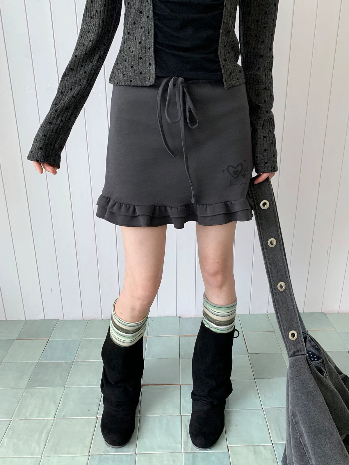 Heart Pulse Drawstring Ruffle Mini Skirt