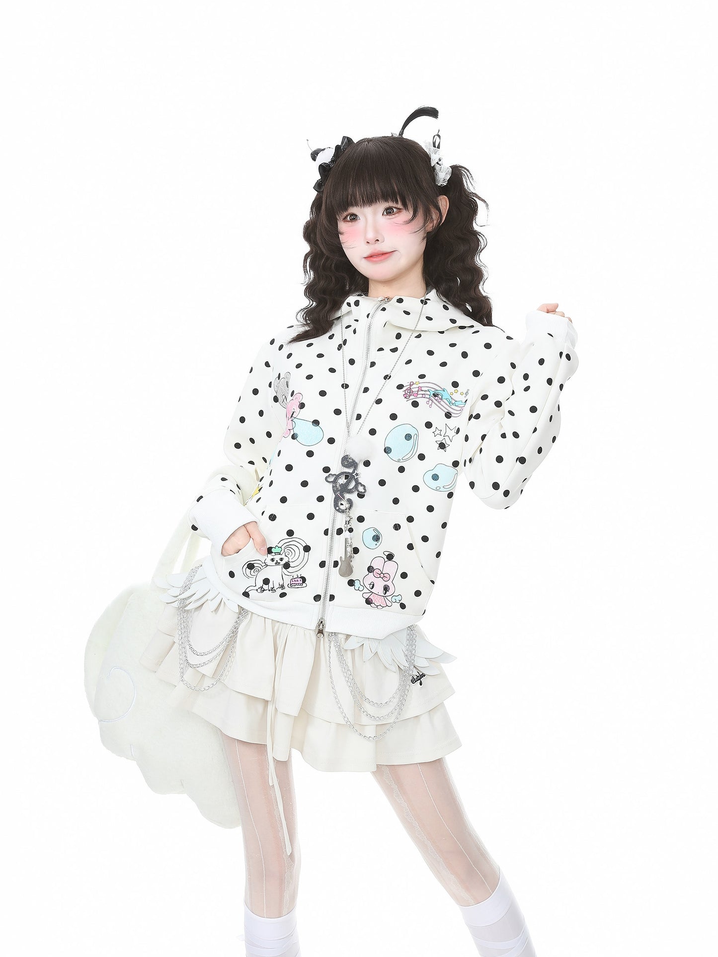 Pastel Doodle Polka Dot Cropped Zip Hoodie