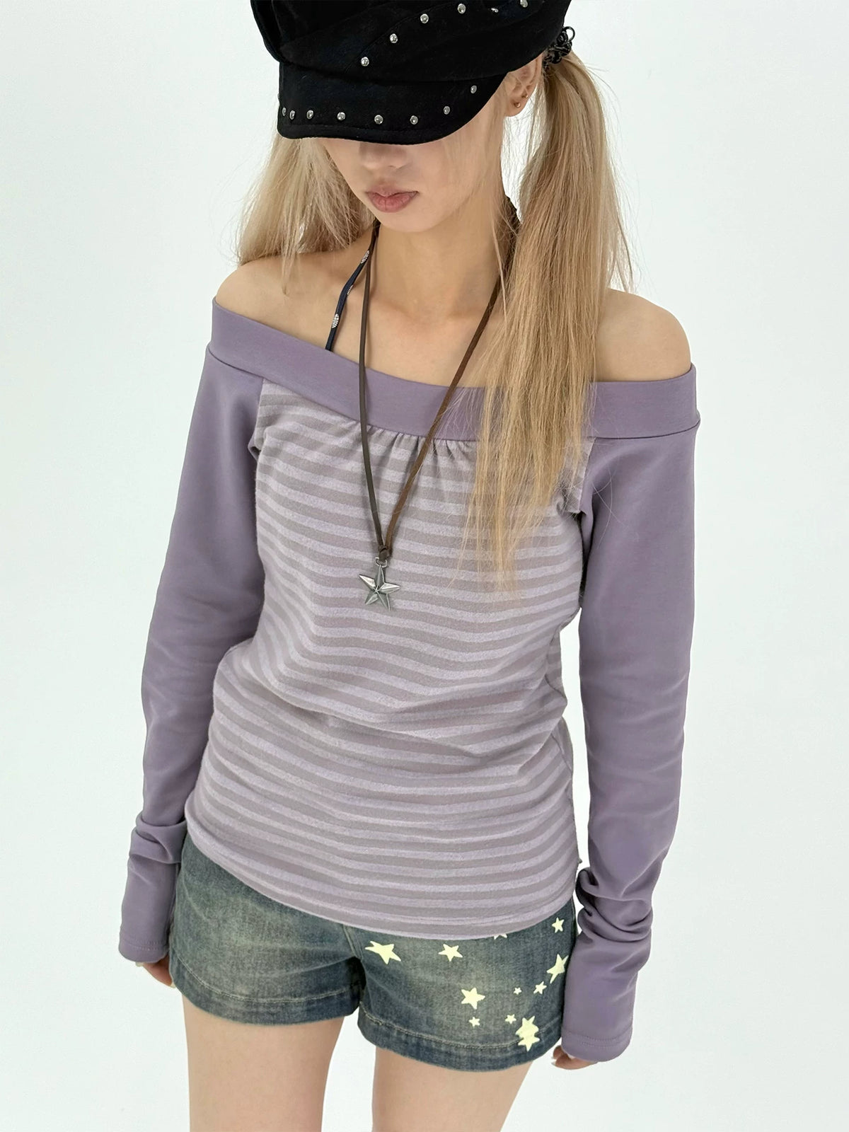 Striped Off-Shoulder Long Sleeve Top