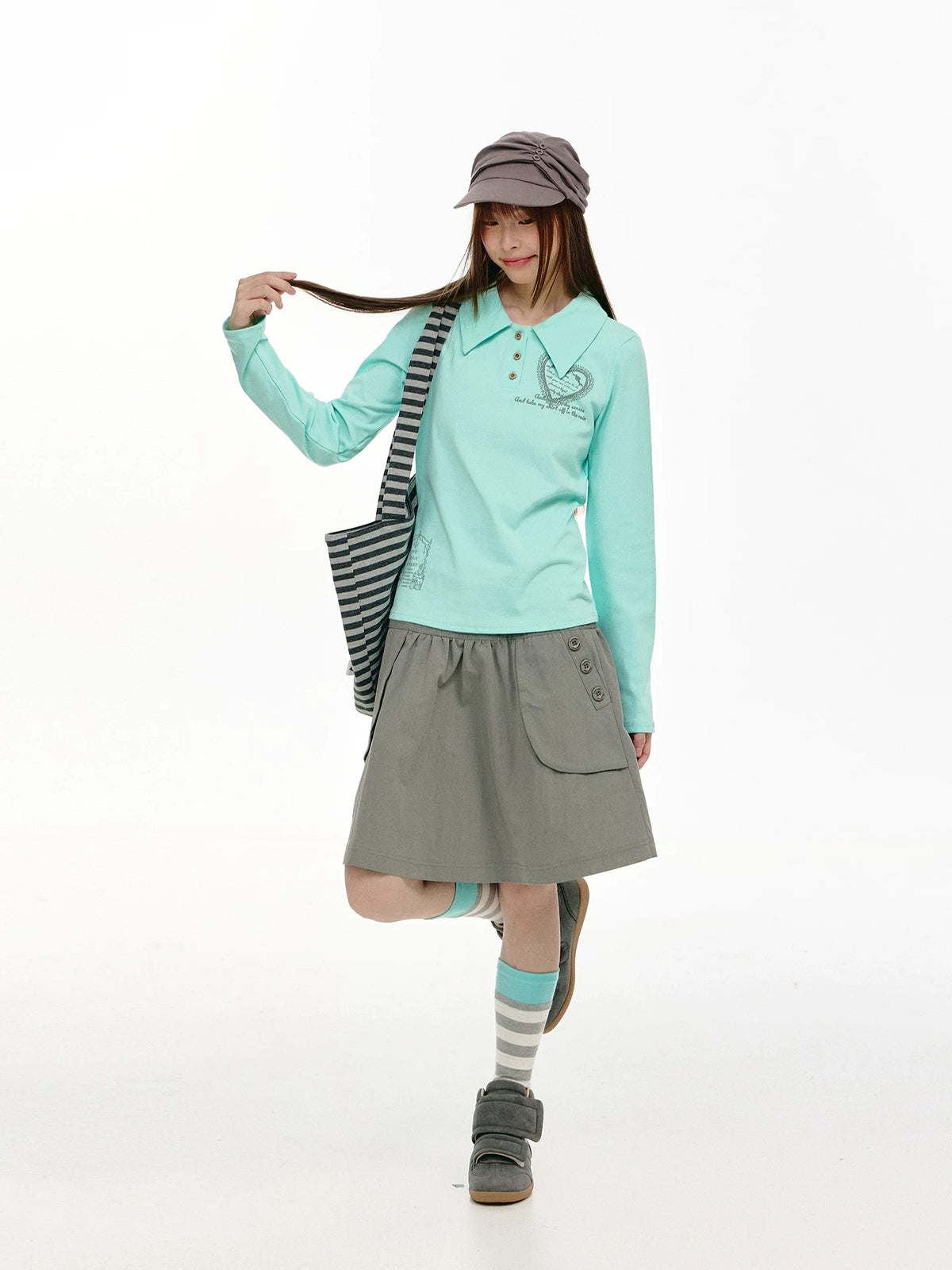 Mint Heart Graphic Long Sleeve Polo Top