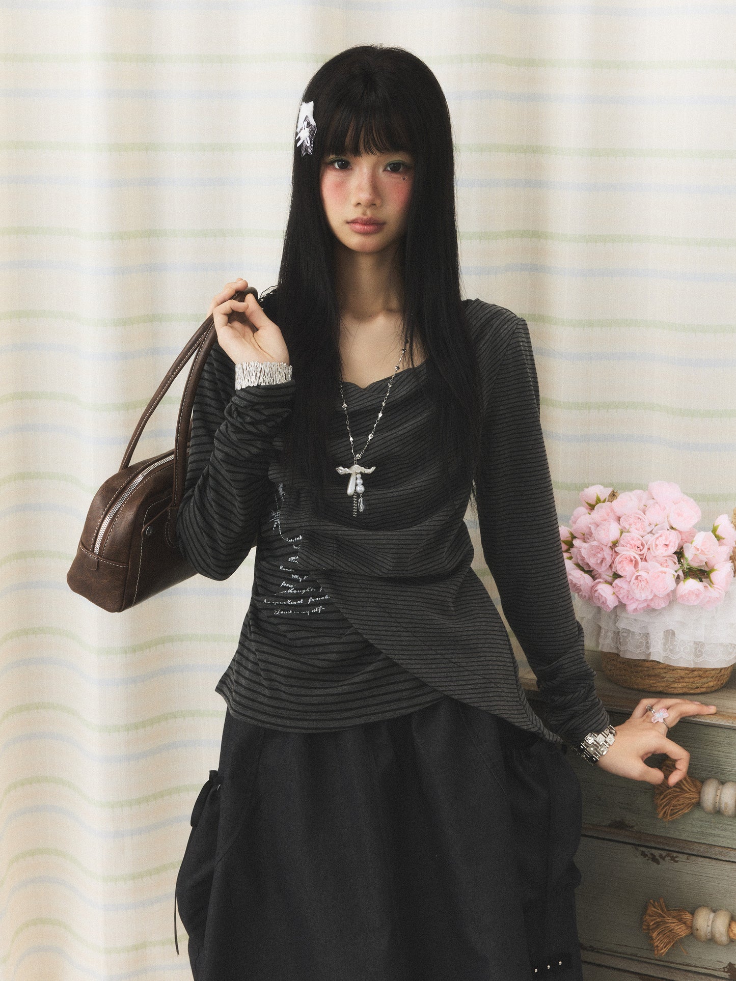 Charcoal Stripe Studded Draped-Neck Long-Sleeve Top