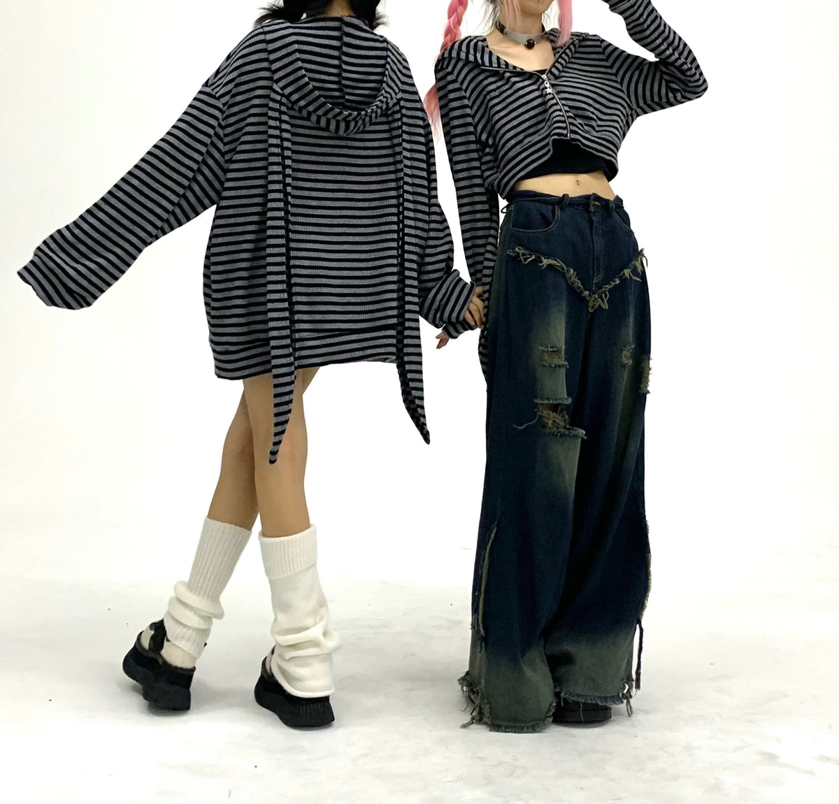 Shadow Stripe Bunny Ear Zip Hoodie