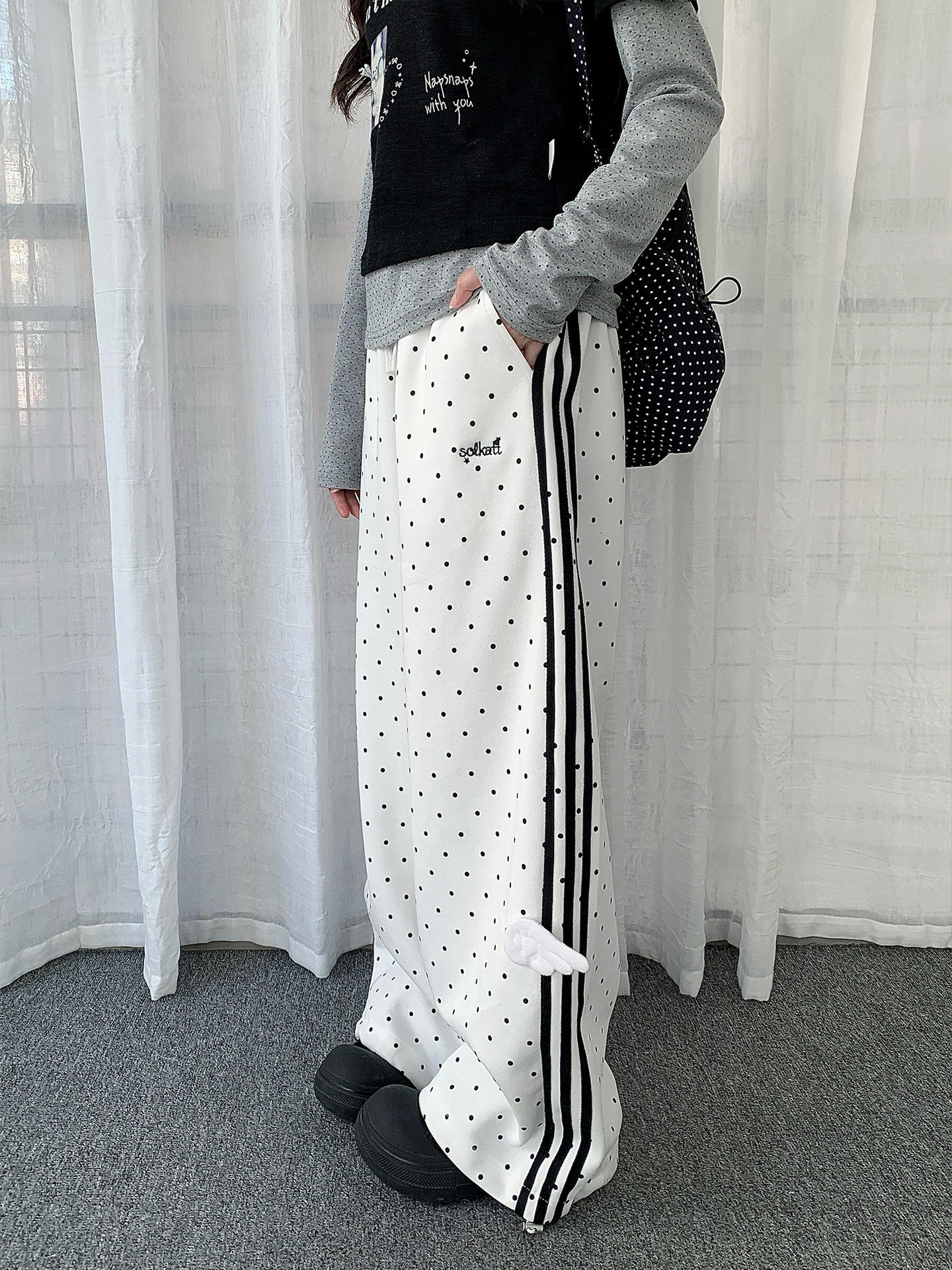 Polka Dot Wing-Detail Wide-Leg Track Pants