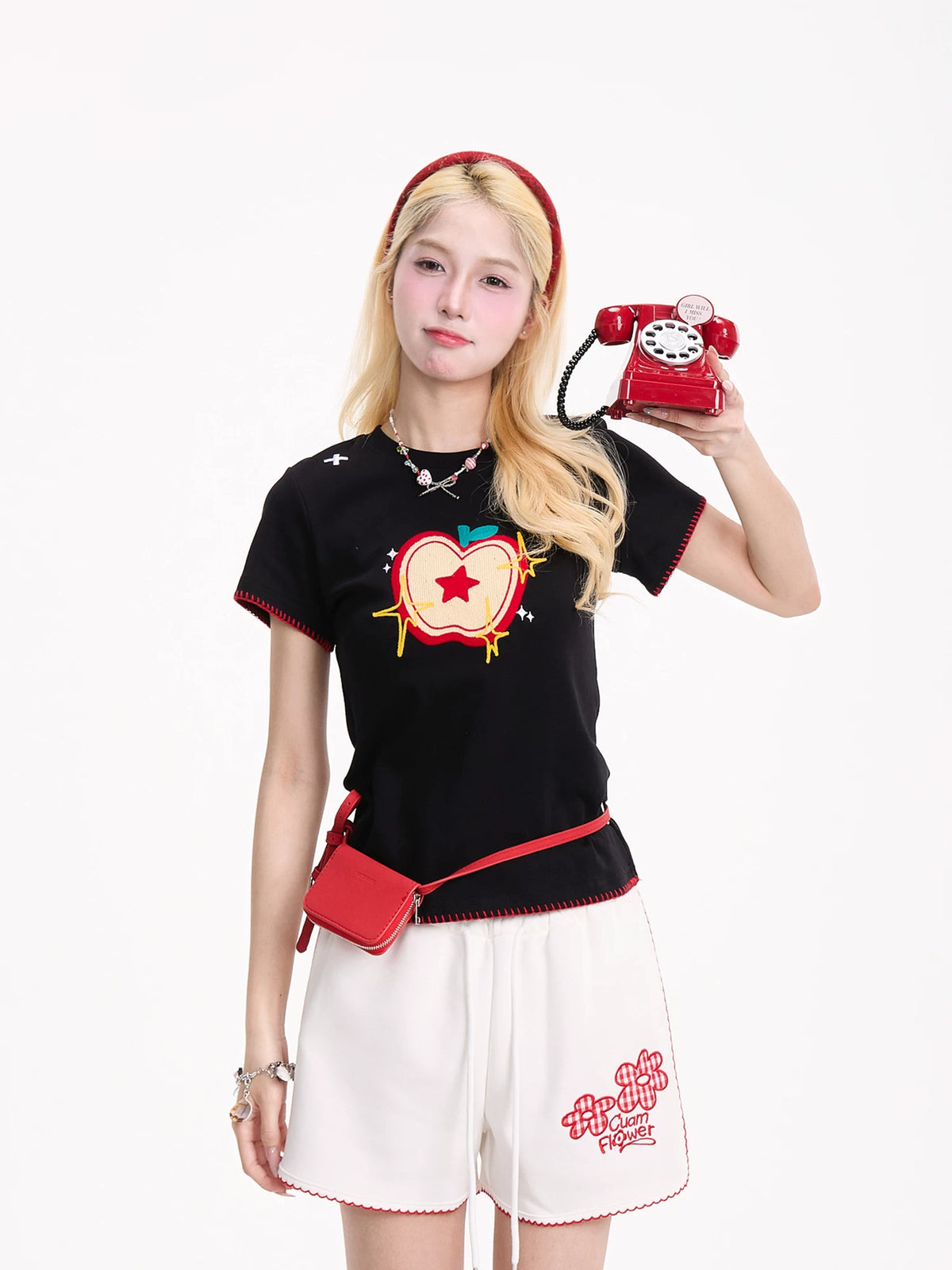 Embroidered Apple Contrast-Stitch Fitted Tee