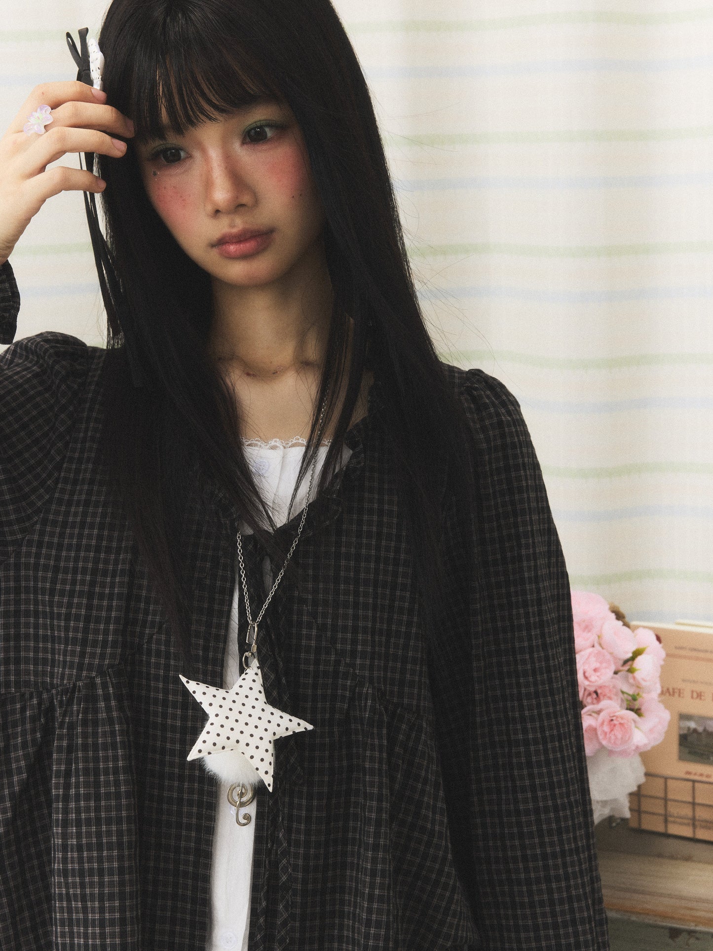 Charcoal Plaid Faux-Layer Ruffle Tie-Front Blouse
