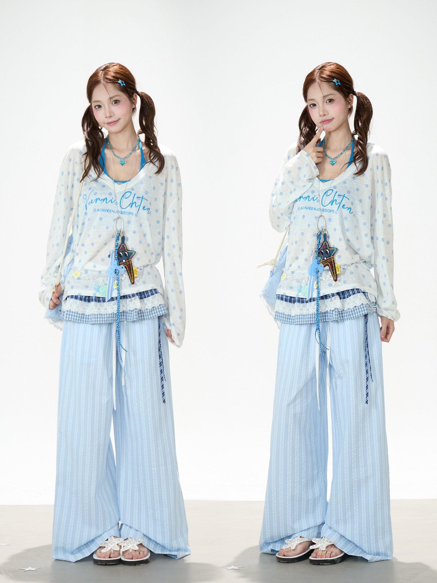 Polka Dot Layered Top & Wide-Leg Pants