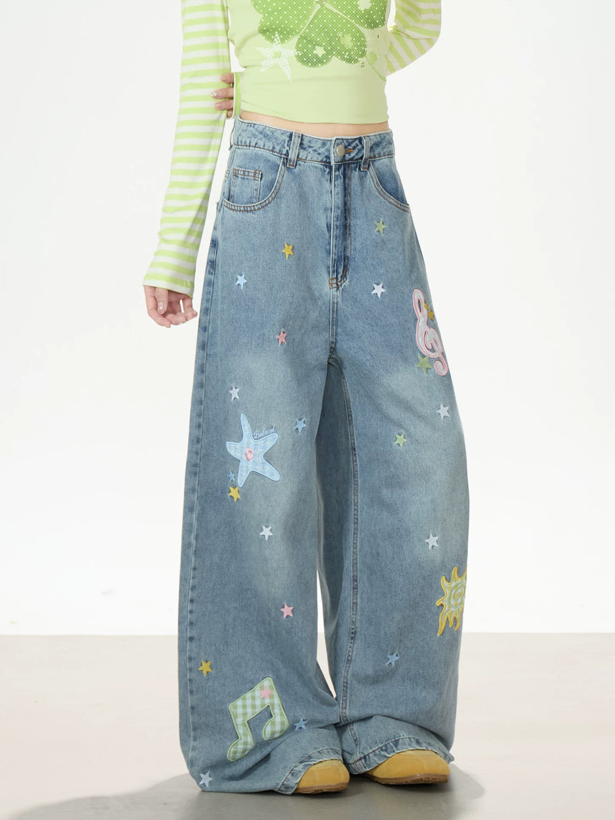 Music Note & Star Embroidered Washed Wide-Leg Jeans