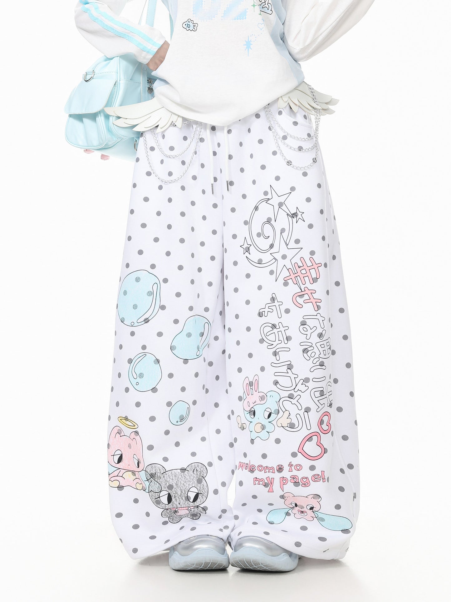 Pastel Doodle Polka Dot Wide-Leg Pants