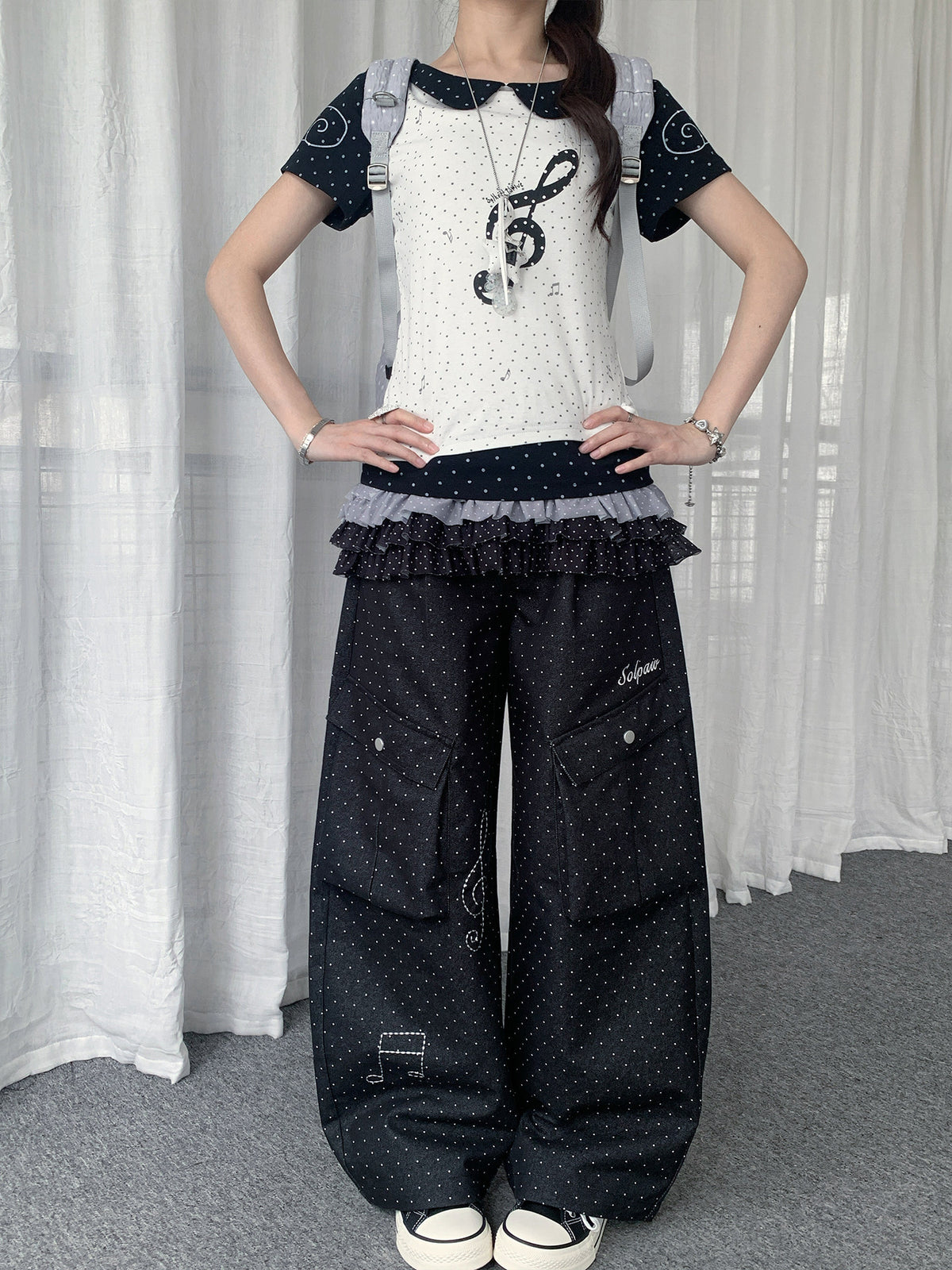Polka Dot Music Note Embroidered Cargo Pants