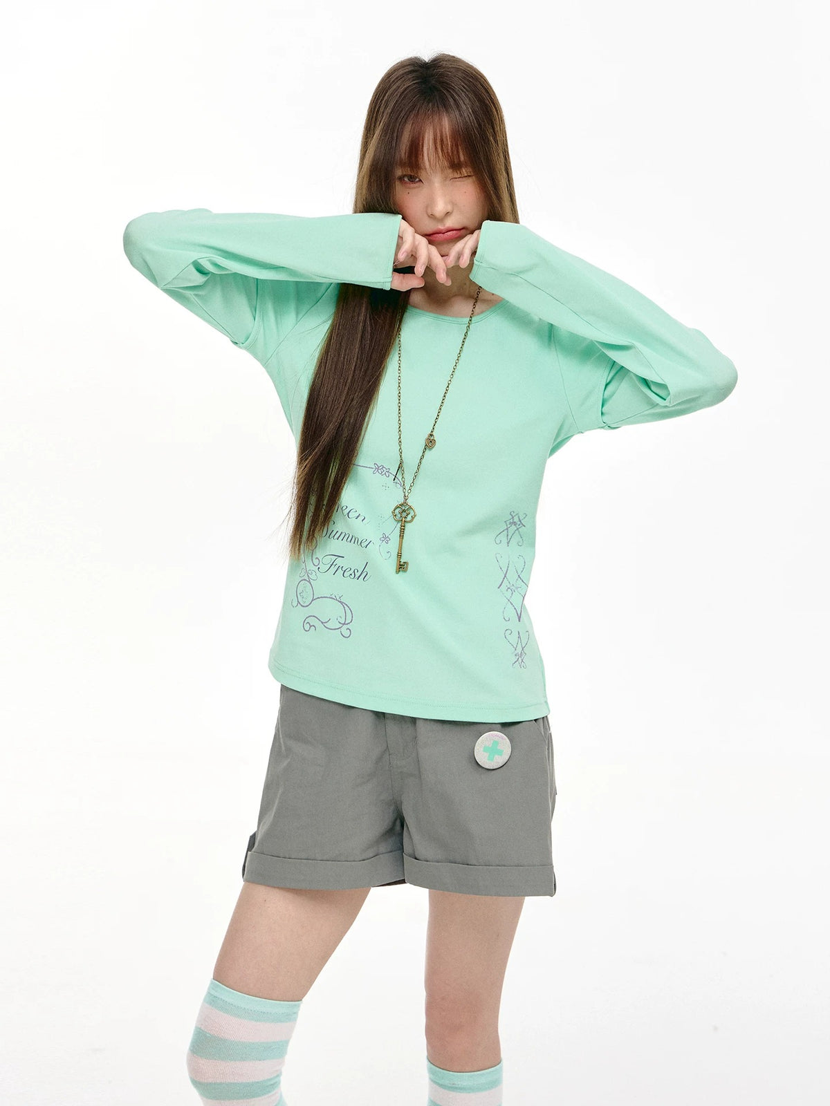 Mint Haze Faux-Layer Graphic Long Sleeve Top