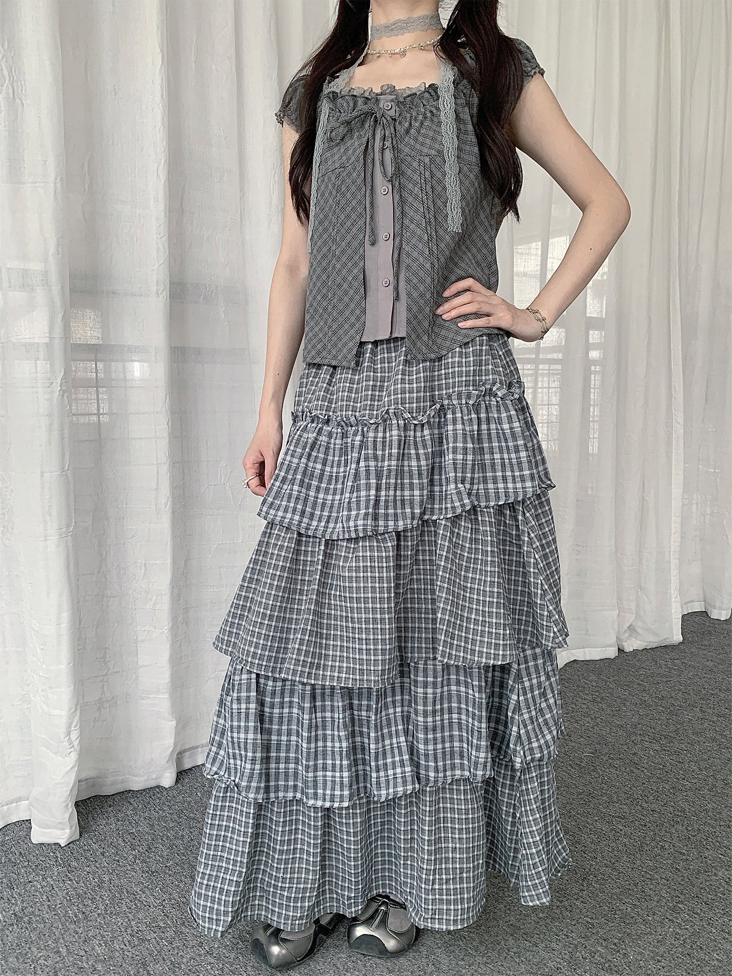 Plaid Patchwork Tiered Maxi Skirt