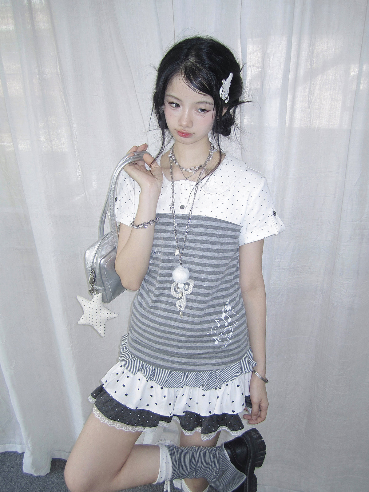 Gray Polka Dot Stripe Peter Pan Collar Top