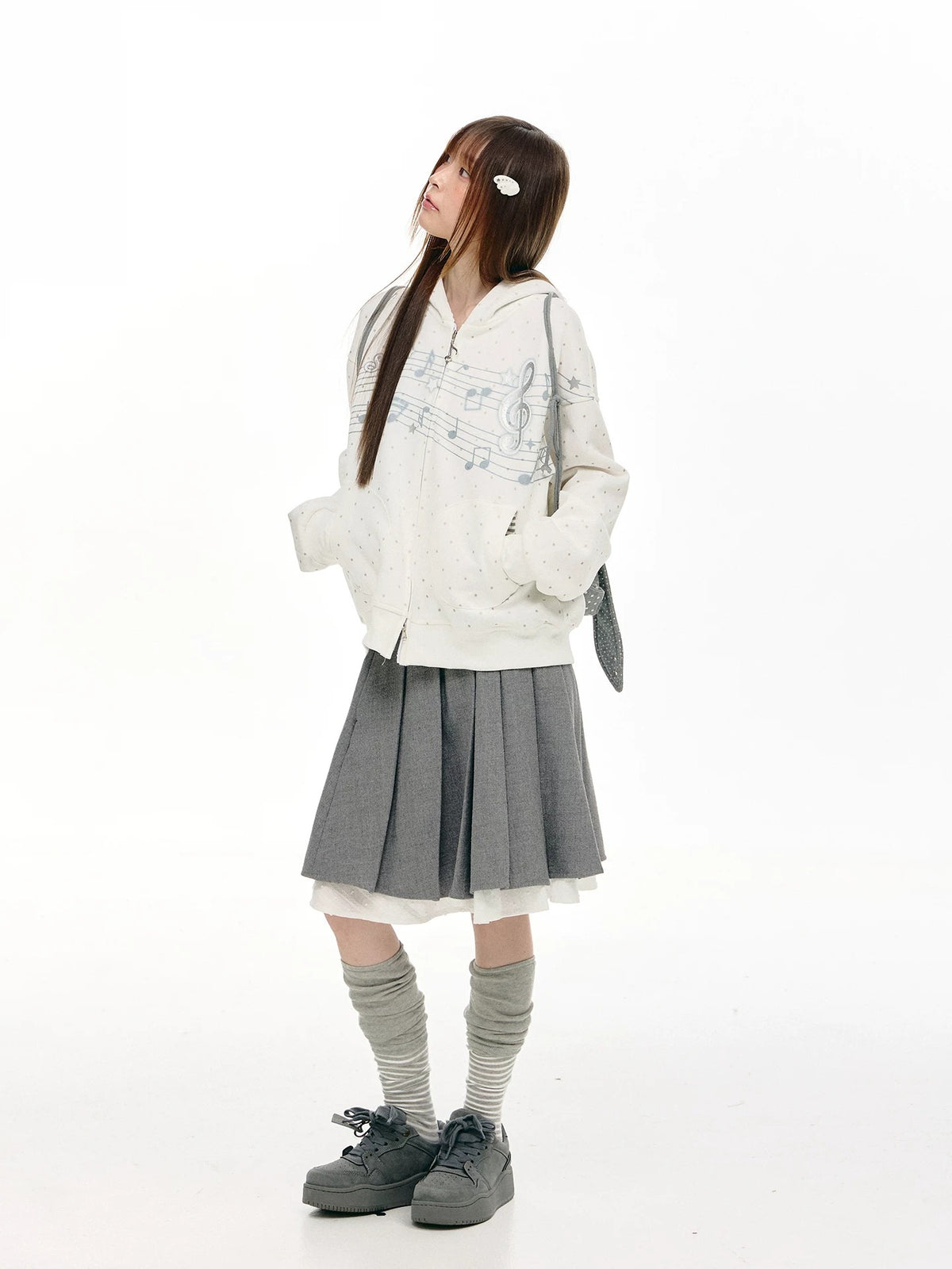 Gray Melody Polka Dot Graphic Zip Hoodie