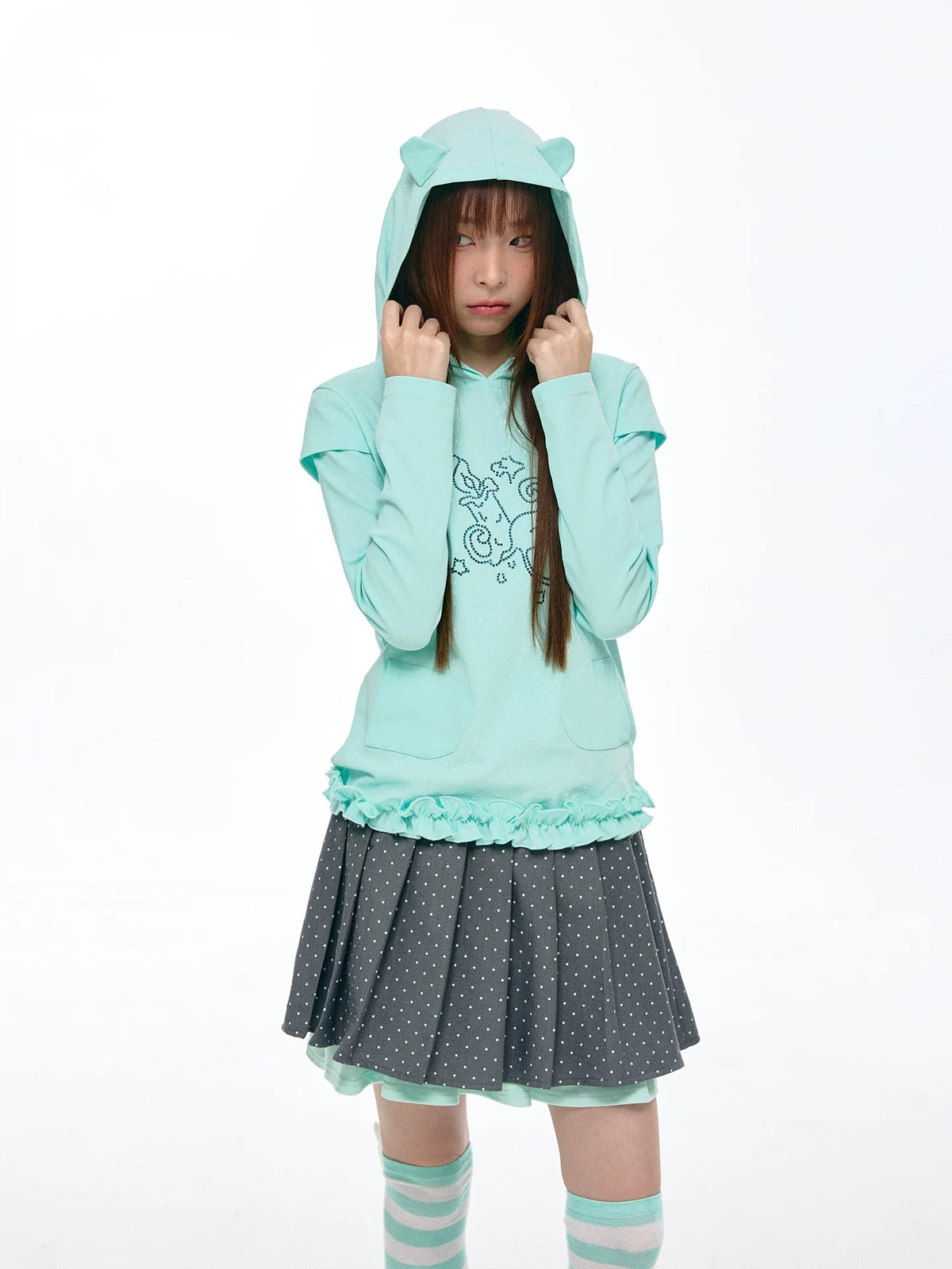 Rhinestone Graphic Faux-Layer Ruffle-Hem Hoodie