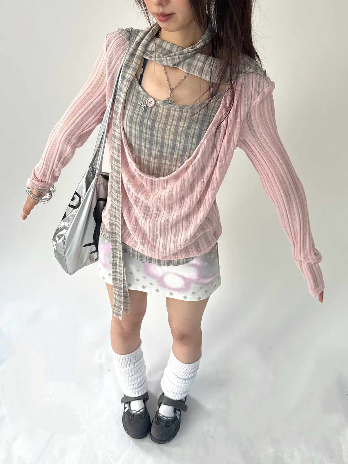 Plaid-Layered Cowl Long Sleeve Top